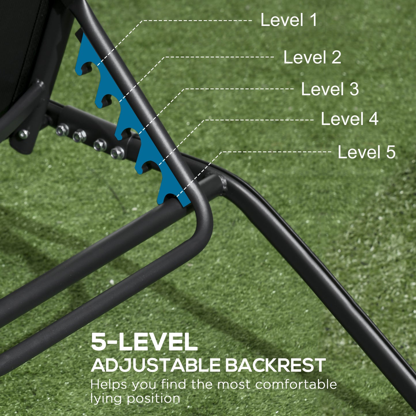 Black zero gravity chair with level adjustable backrest mechanism