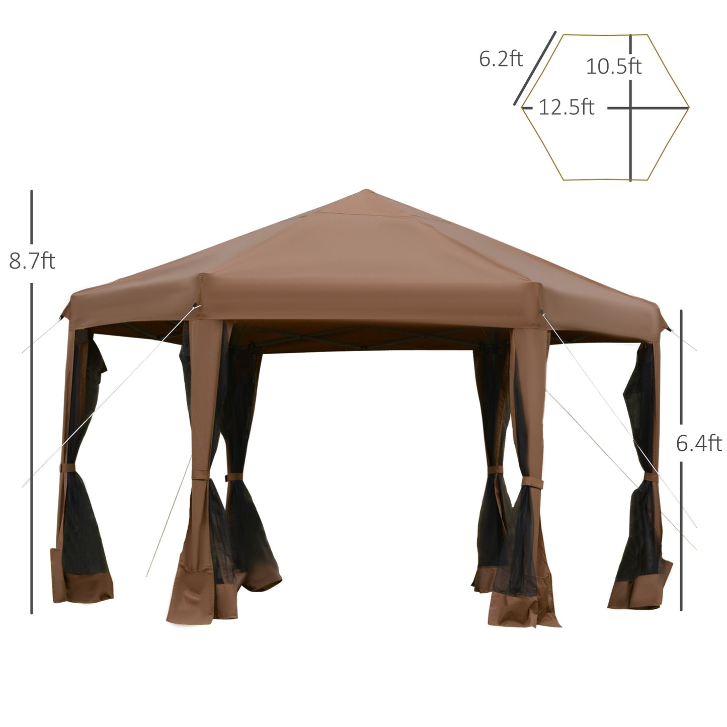 Brown sixsided outdoor popup gazebo with mesh netting and size dimensions labeled