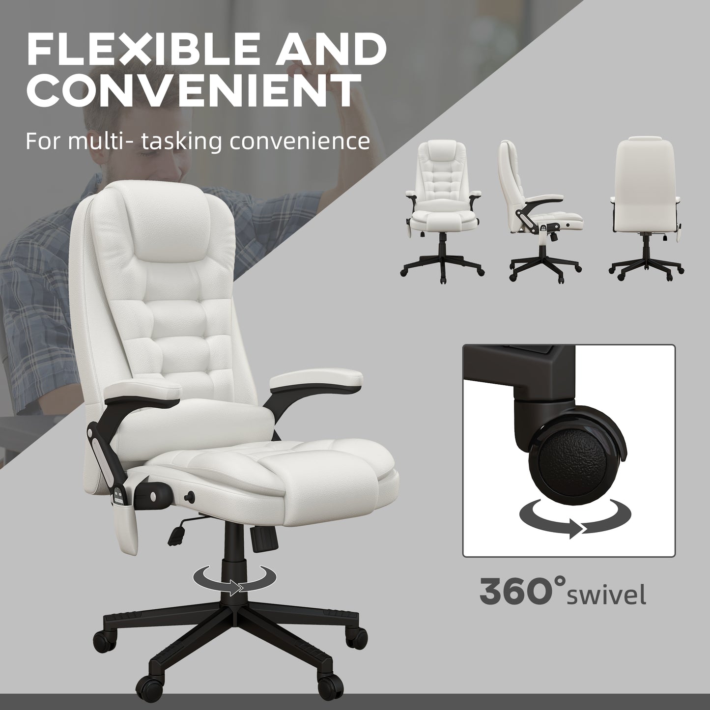 White executive office chair with tufted faux leather and adjustable armrests for comfort