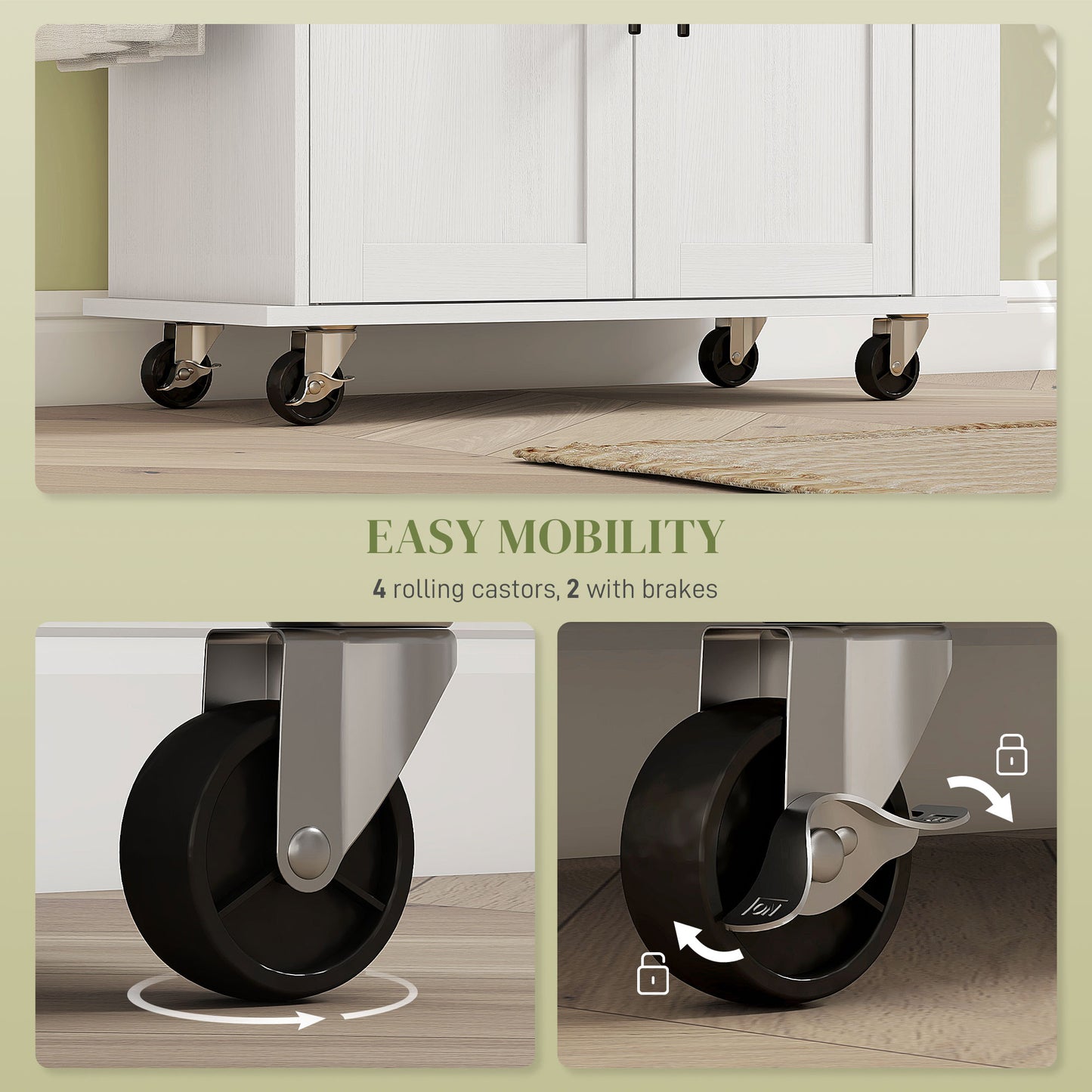 White kitchen cart with four rolling casters for easy mobility and storage