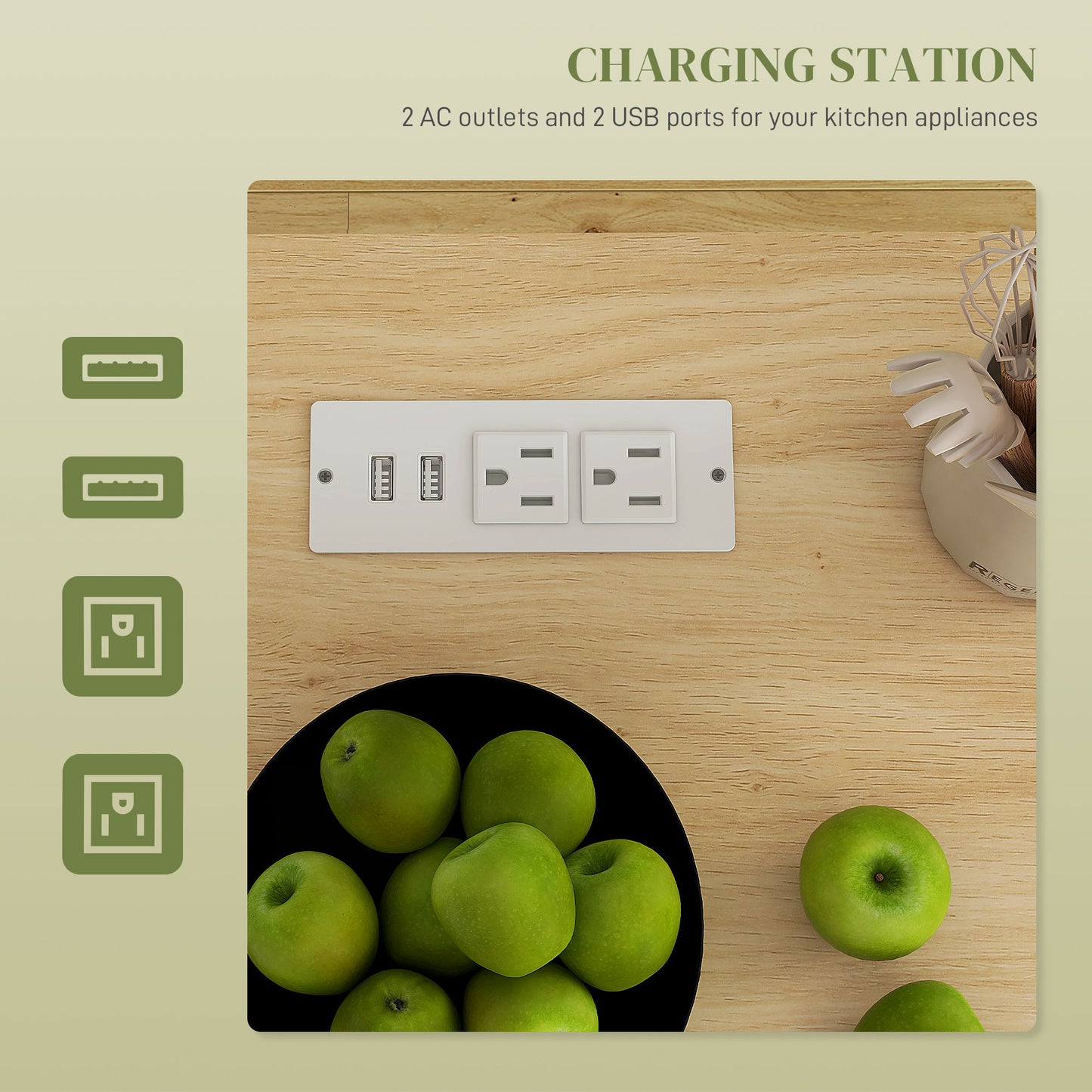 White dualport USB charging station with two AC outlets on wood surface