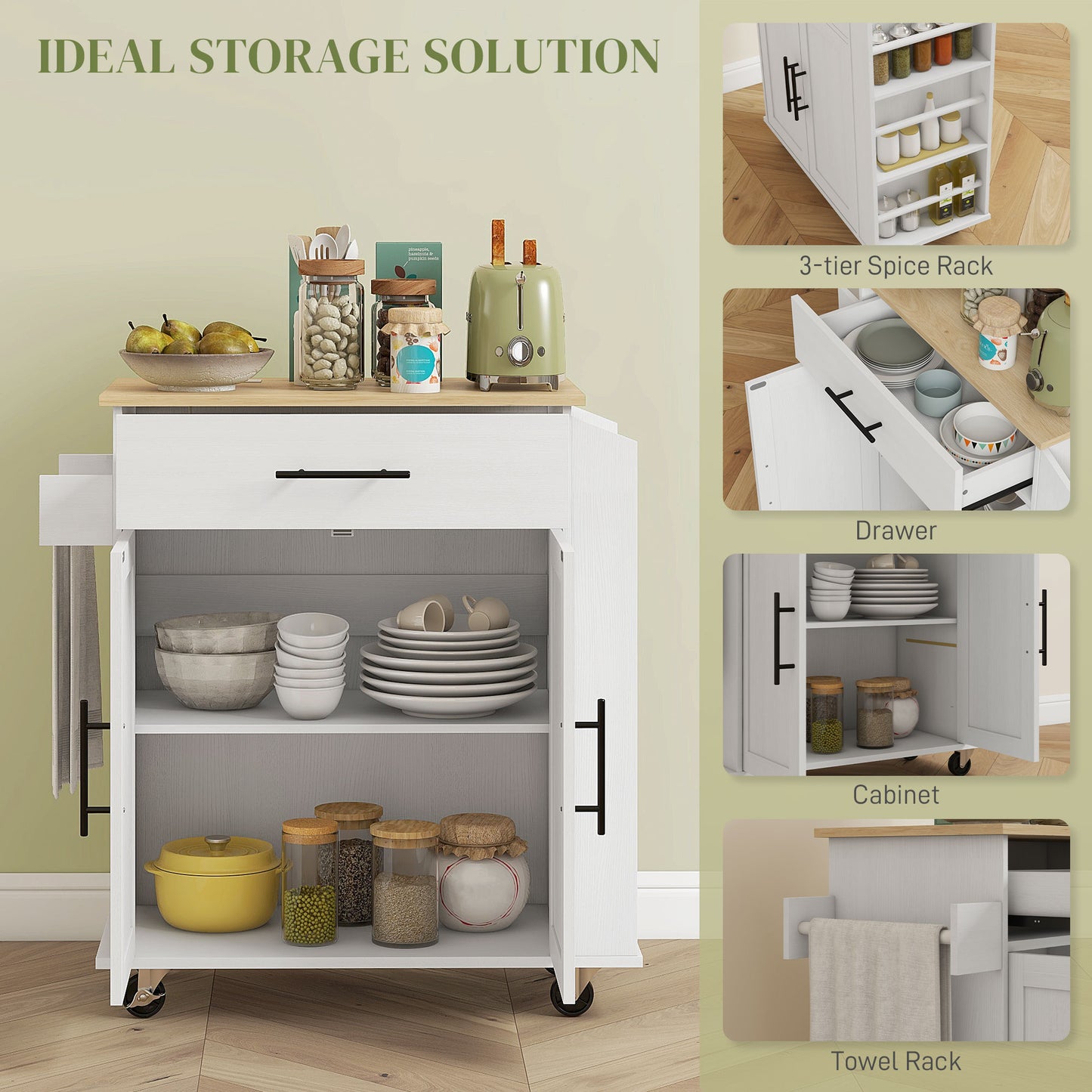 White kitchen island cart with wooden top open shelving and towel rack