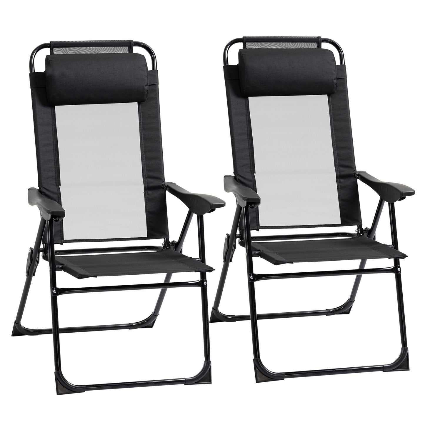 Pair of black folding lounge chairs with adjustable headrests and mesh panels for outdoor relaxation