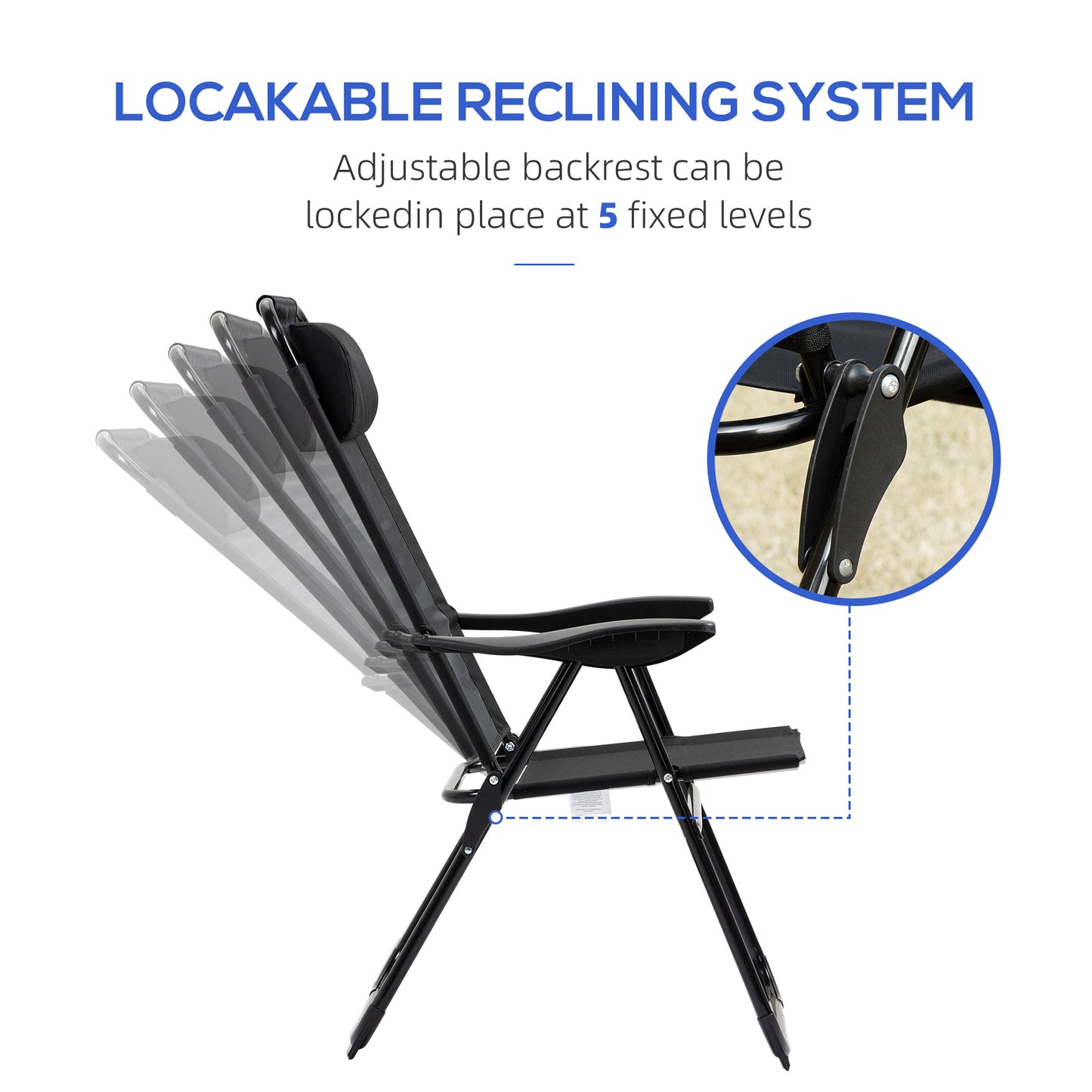 Black zero gravity chair with adjustable headrest and lockable reclining system