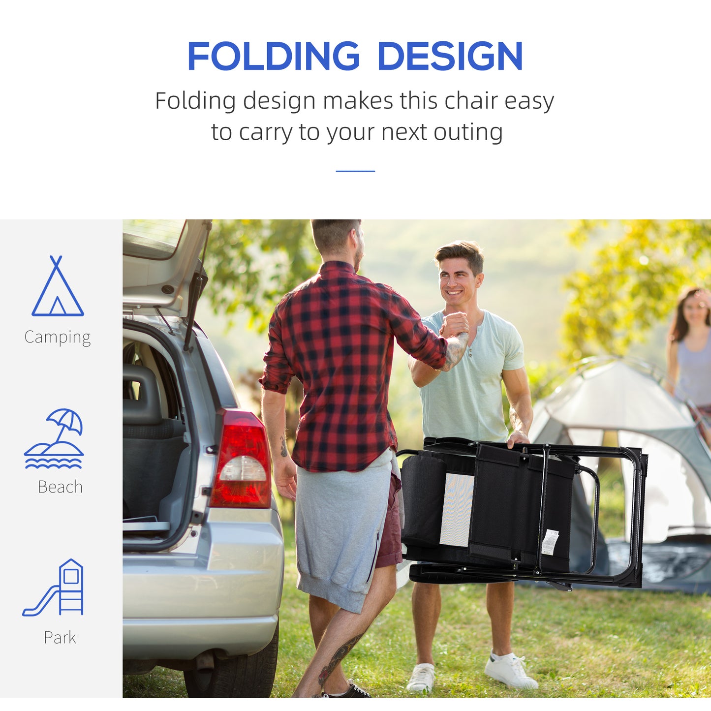 Two men loading a black folding camping chair into a car
