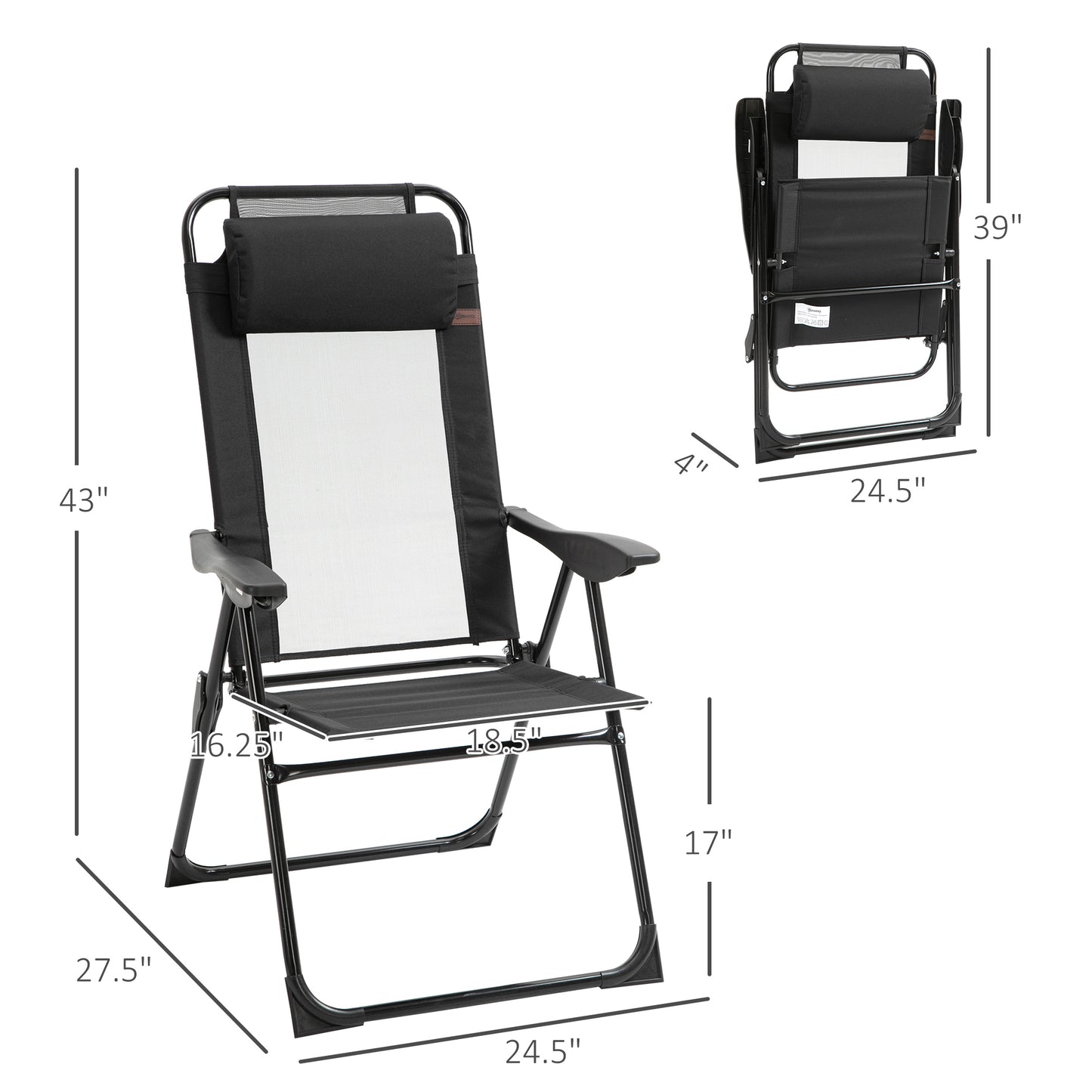 Black folding lounge chair with adjustable headrest and armrests for outdoor relaxation