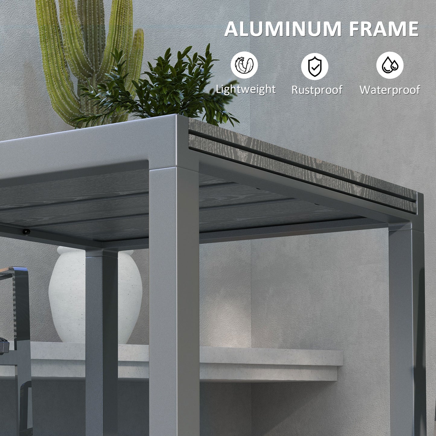 Modern outdoor side table with gray aluminum frame and woodgrain composite top