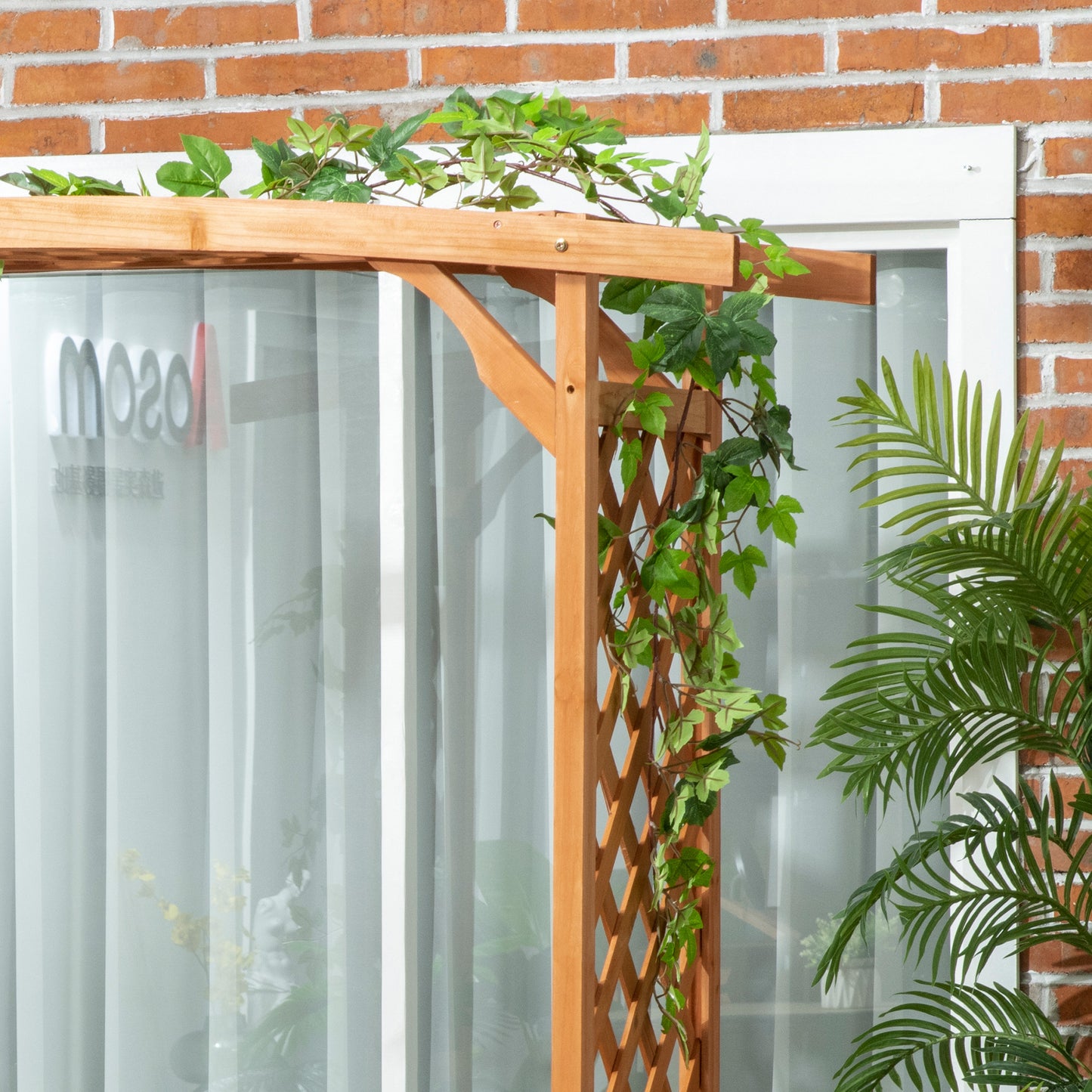 Wooden garden trellis with lattice detail and climbing ivy perfect for outdoor decor