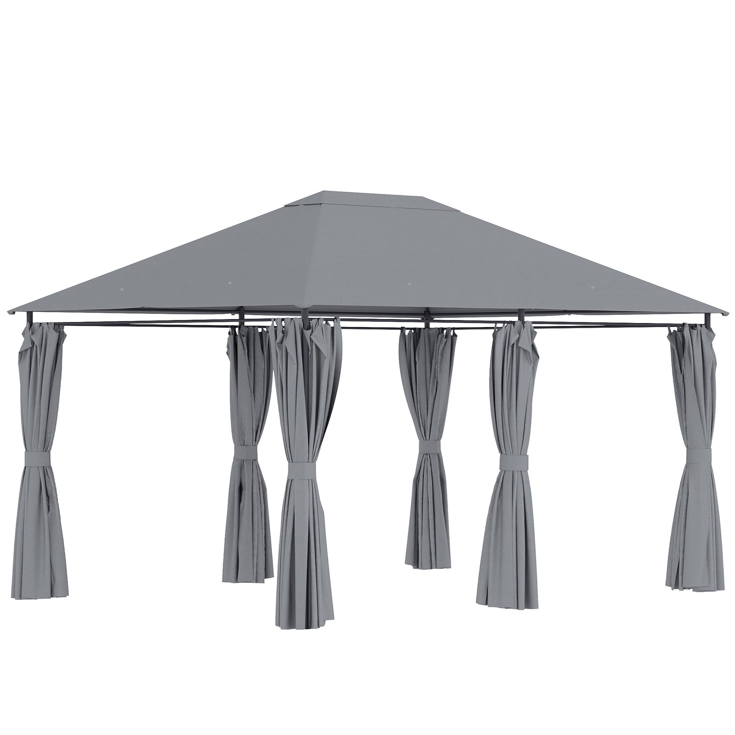 Gray outdoor gazebo with draped curtains for backyard relaxation