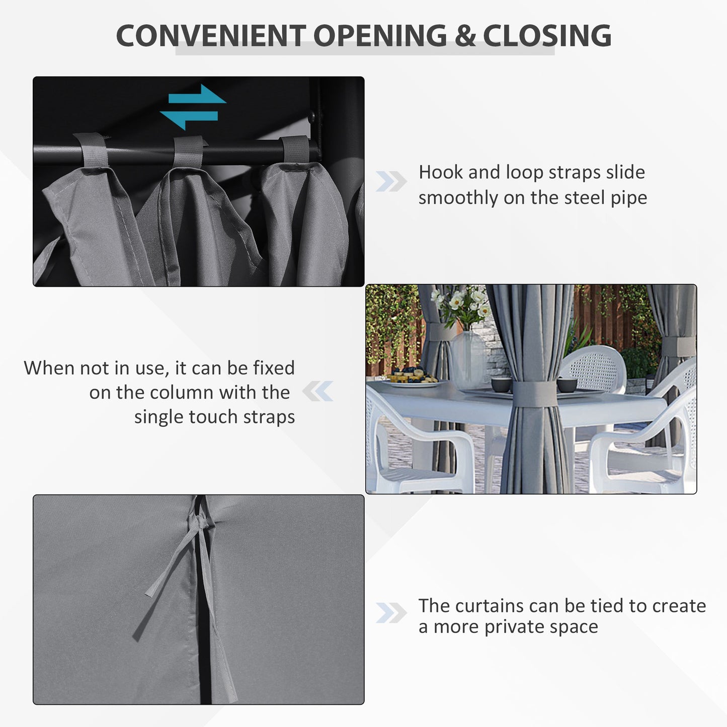 Grey gazebo curtains with hook and loop fasteners on a steel pipe