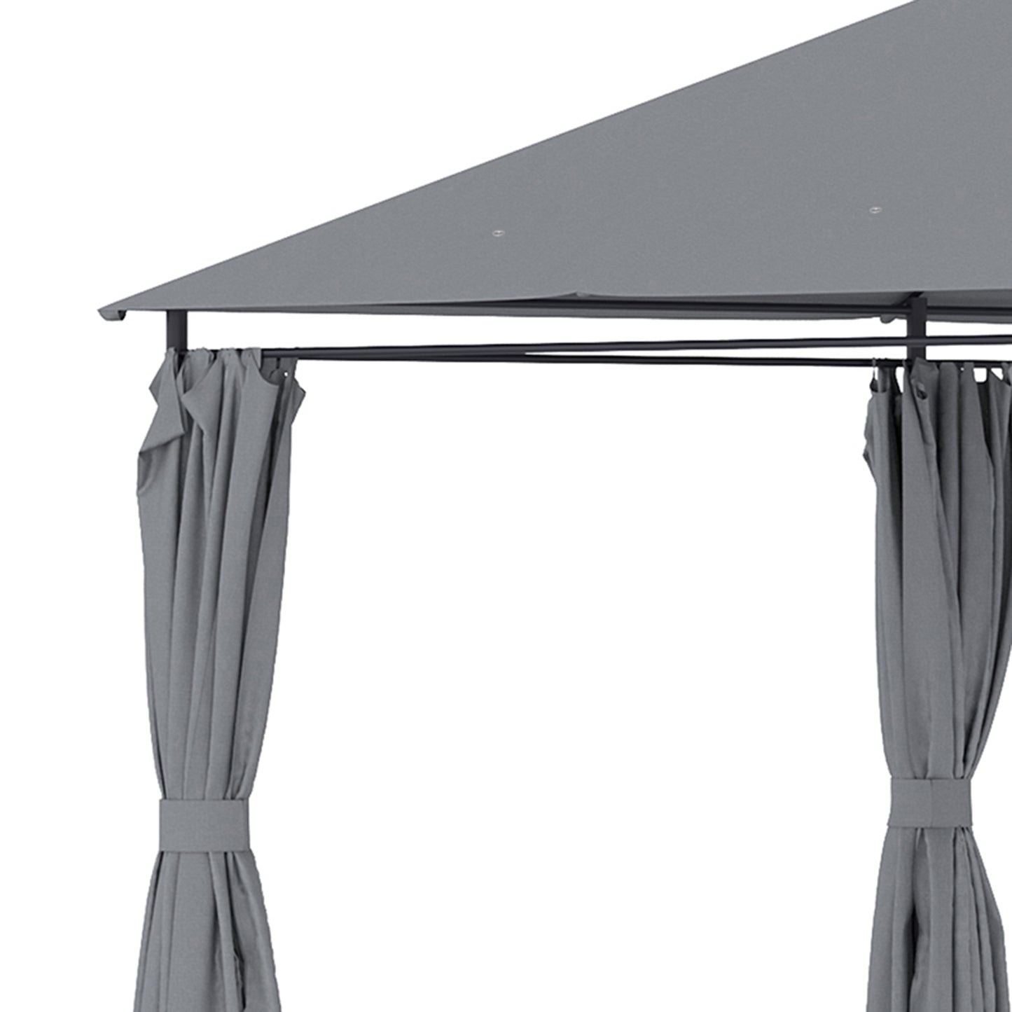 Gray gazebo roof with draped side curtains for outdoor use