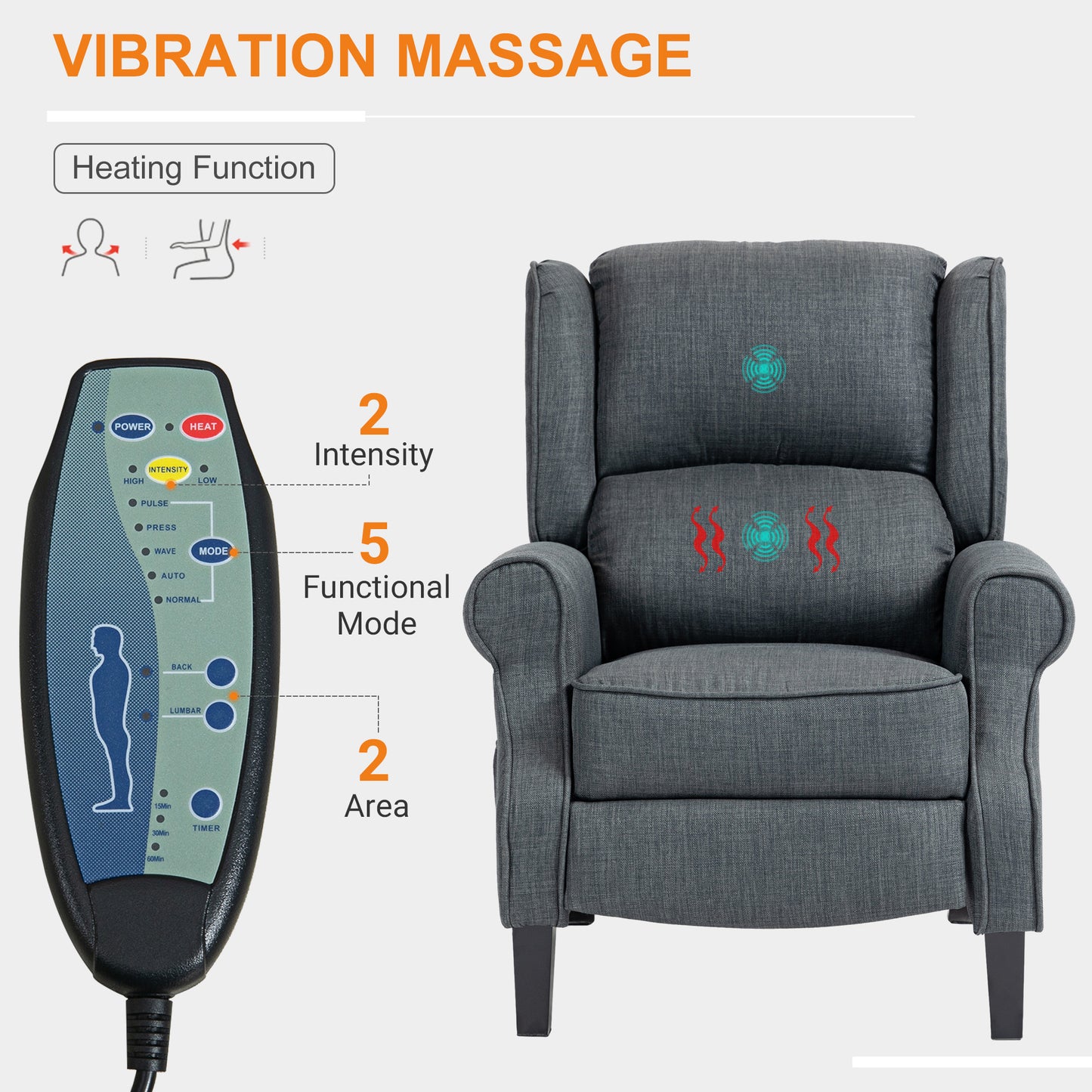 Gray fabric recliner with vibration massage and heating function