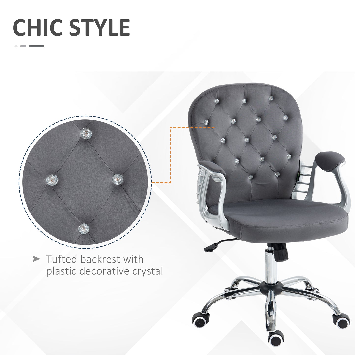 Gray velvet office chair with diamond tufting and chrome base
