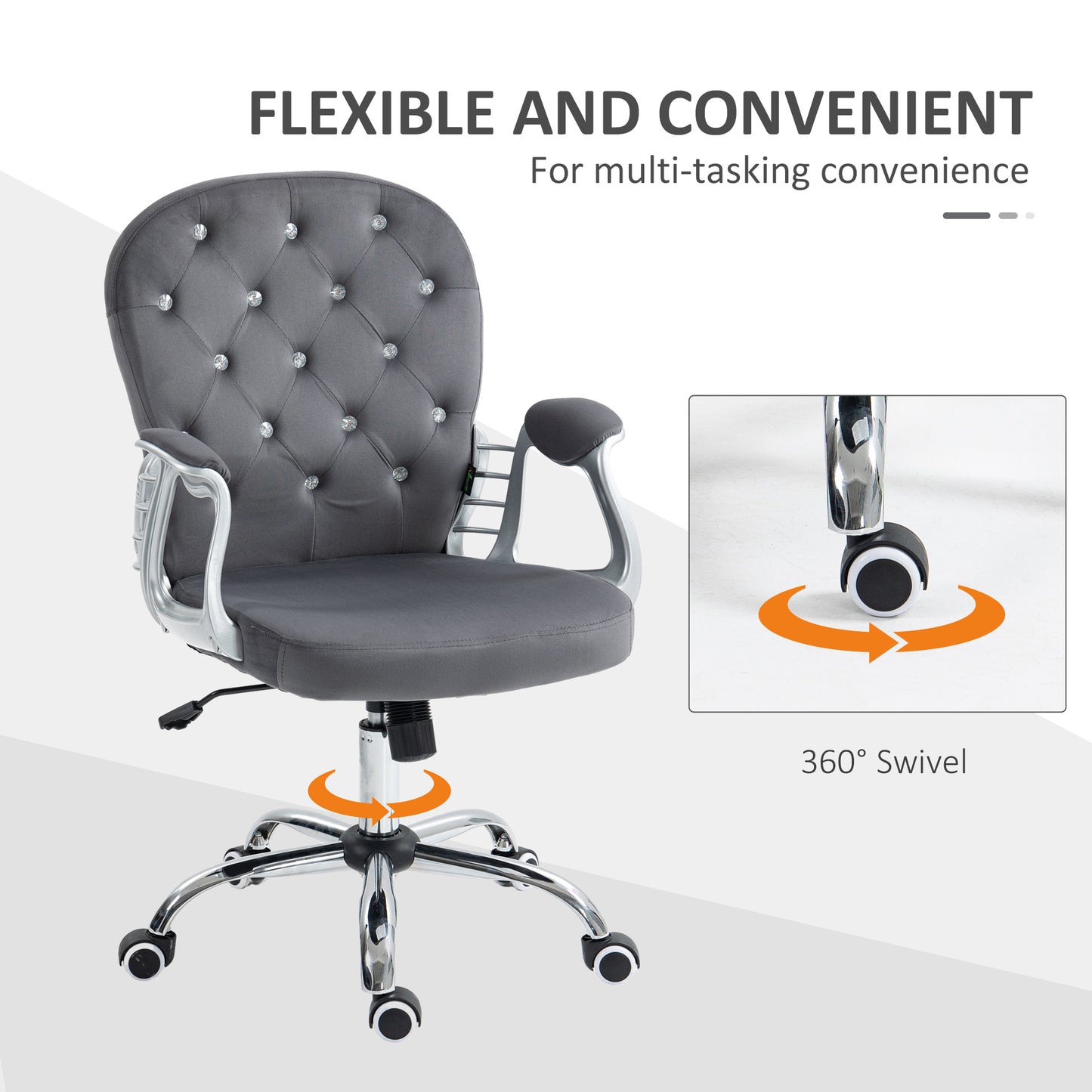 Grey velvet office chair with diamond tufting and silver arms