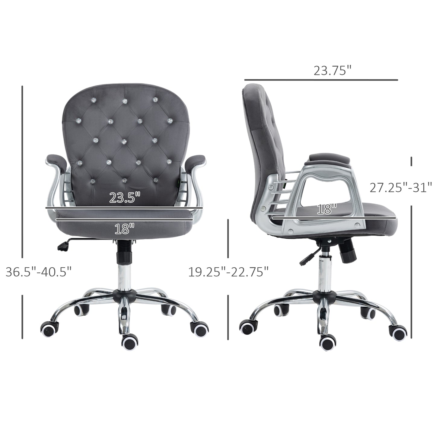 Tufted gray velvet office chair with crystal accents and chrome base