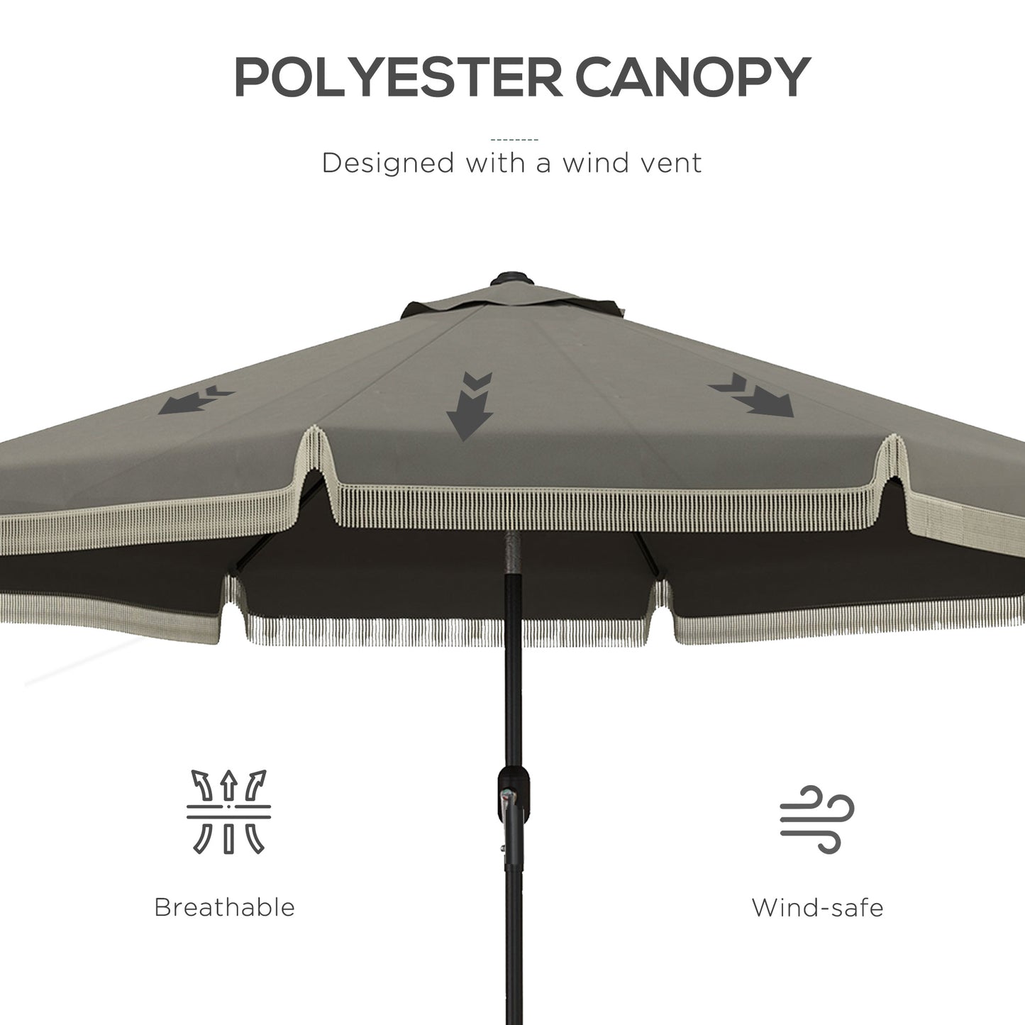 Dark gray polyester canopy umbrella with decorative fringe and wind vent
