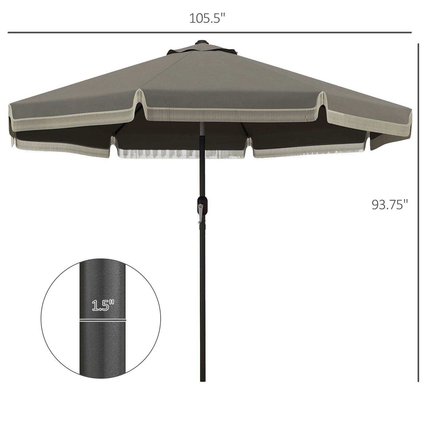 inch gray patio umbrella with decorative fringe and inch pole diameter