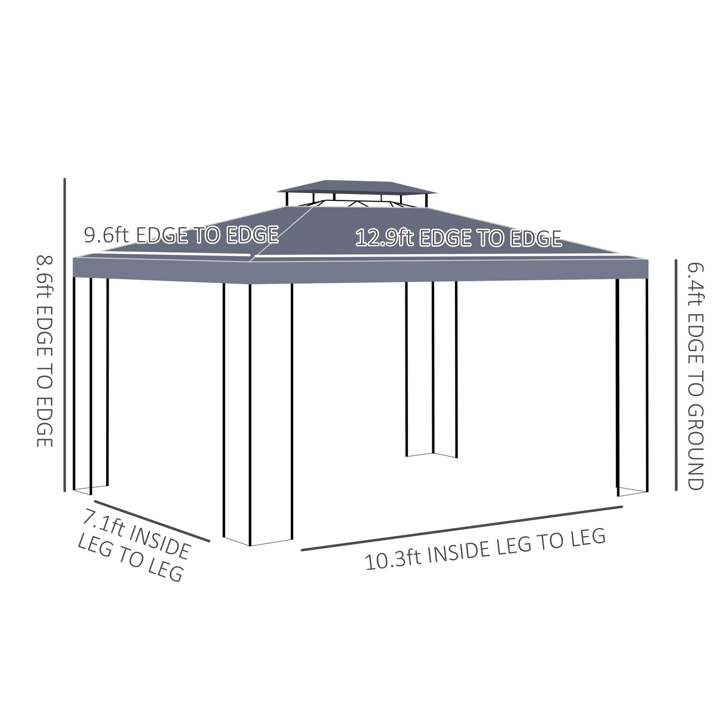 Diagram of a gray canopy tent showing dimensions ft height ft and ft edge to edge ft height to ground ft and ft leg to leg