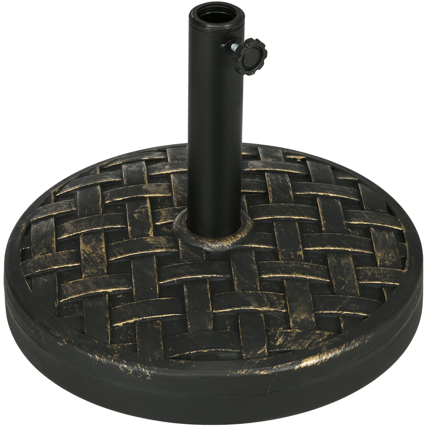 Black patio umbrella base with woven texture and gold accents