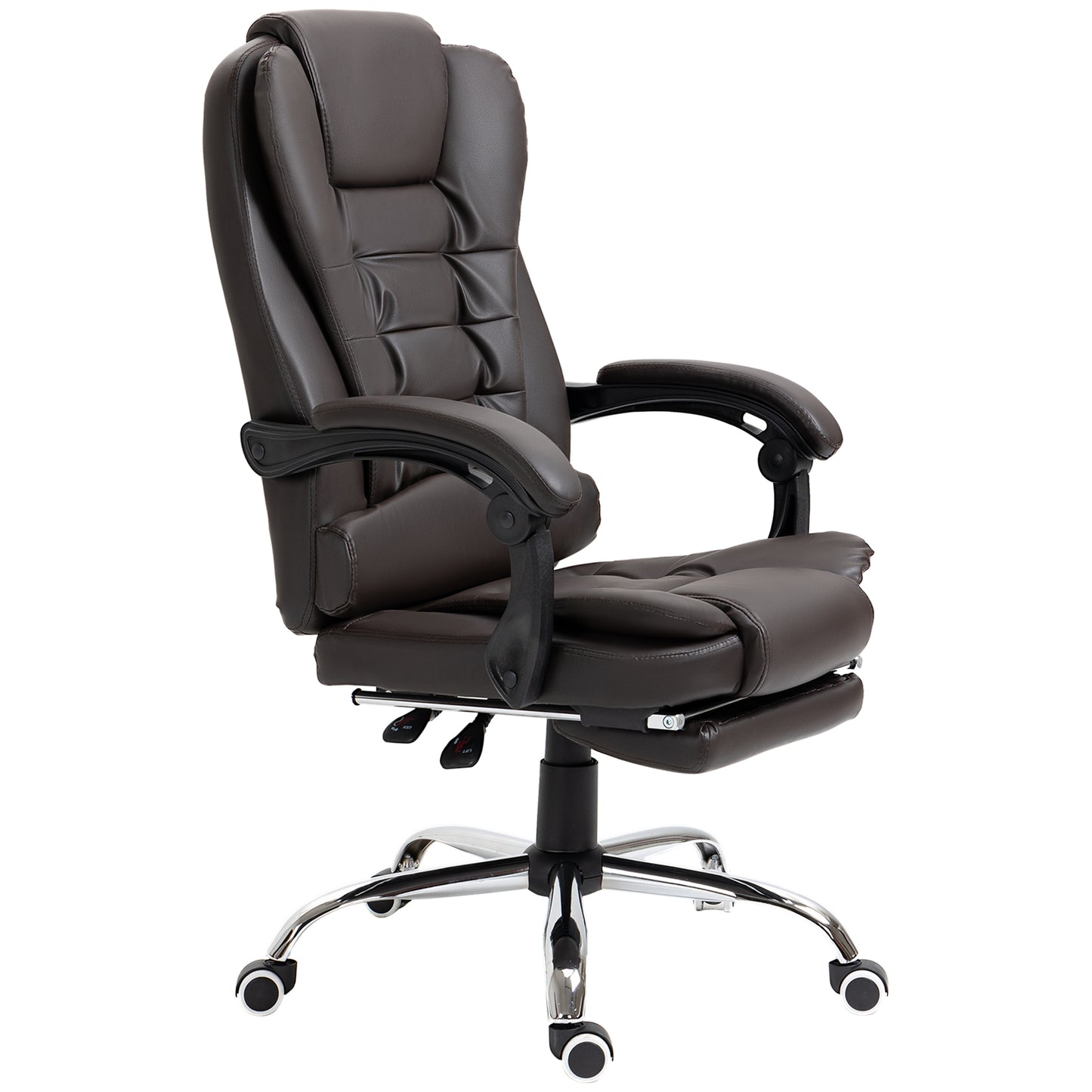Padded brown executive chair with adjustable armrests and builtin footrest