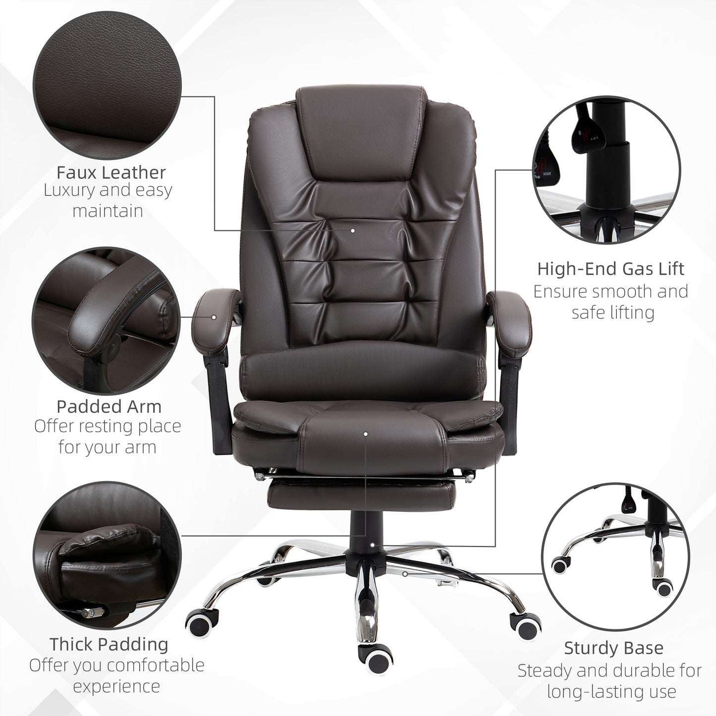 Dark brown executive office chair with faux leather upholstery and padded arms