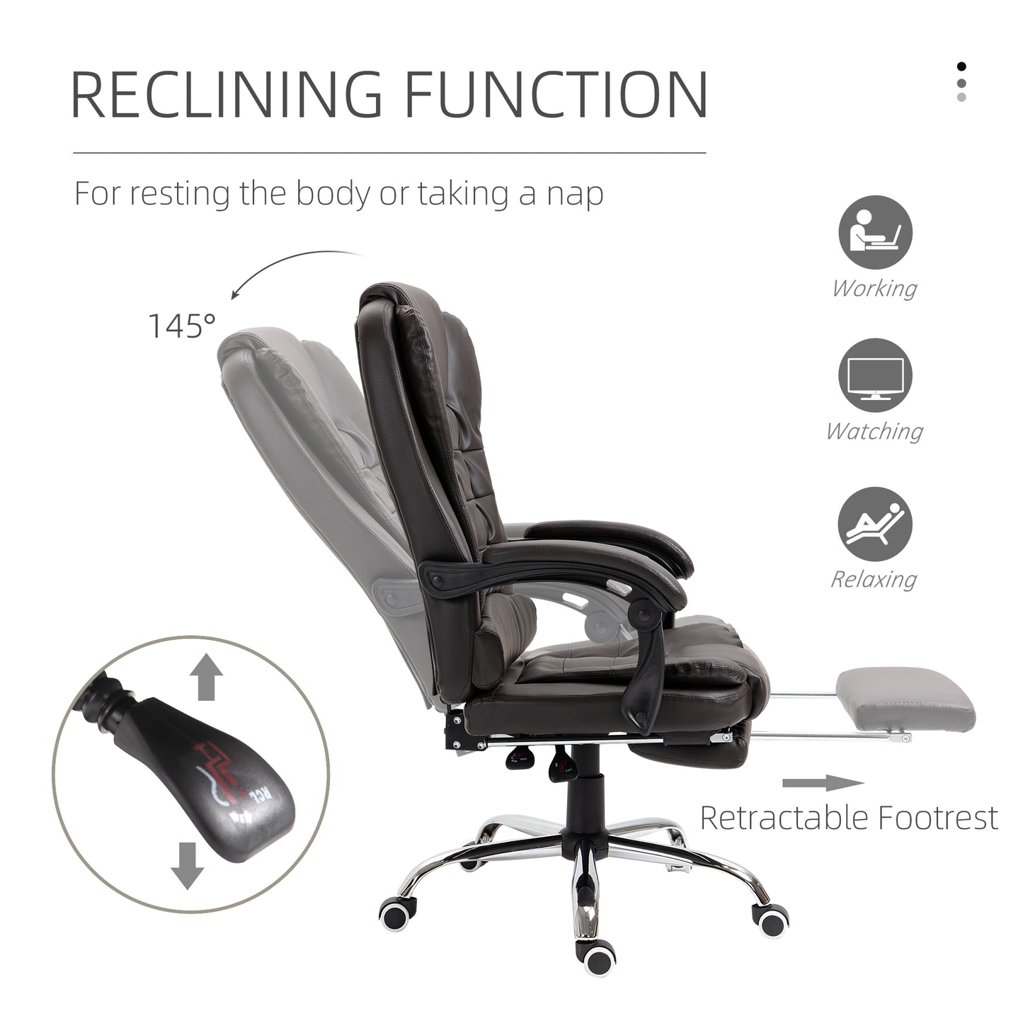 Brown executive chair with retractable footrest and reclining function