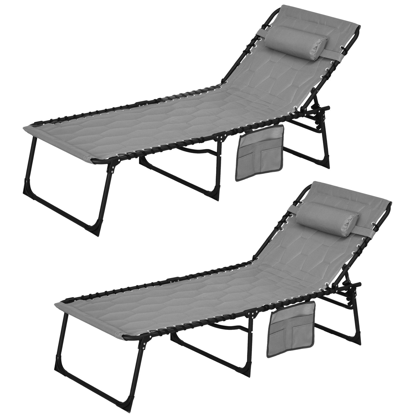 Grey reclining patio chair with adjustable headrest and side pockets for outdoor use