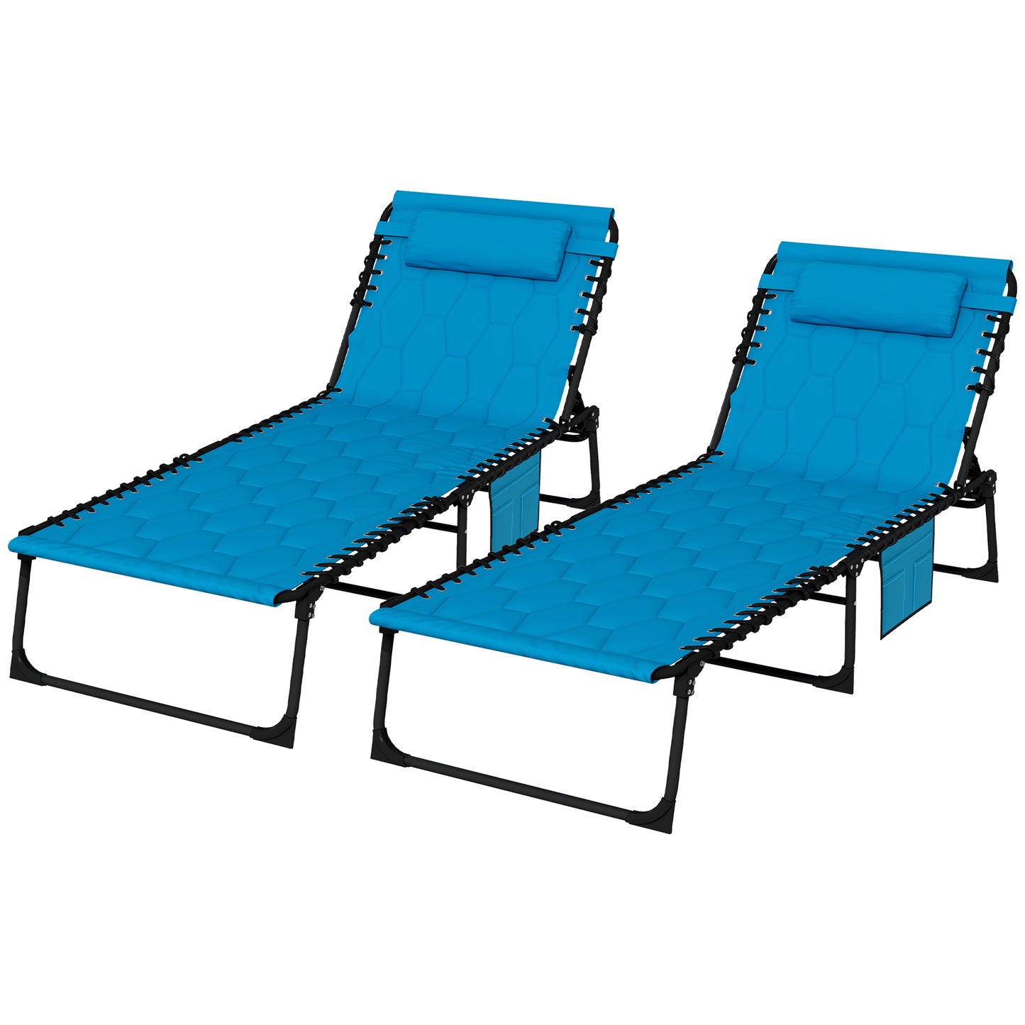 Two blue bungee cord zero gravity chairs with padded headrests and storage pockets