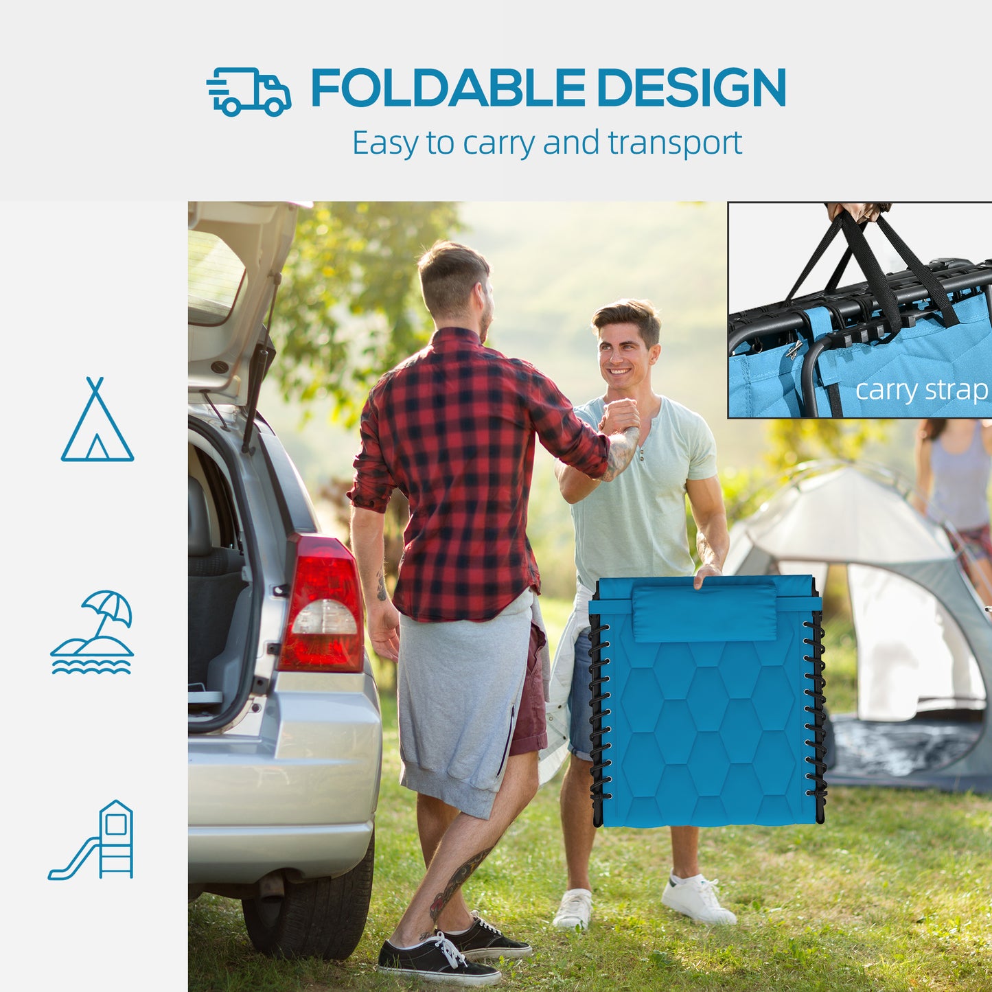 Blue foldable wagon with two men preparing for outdoor activity