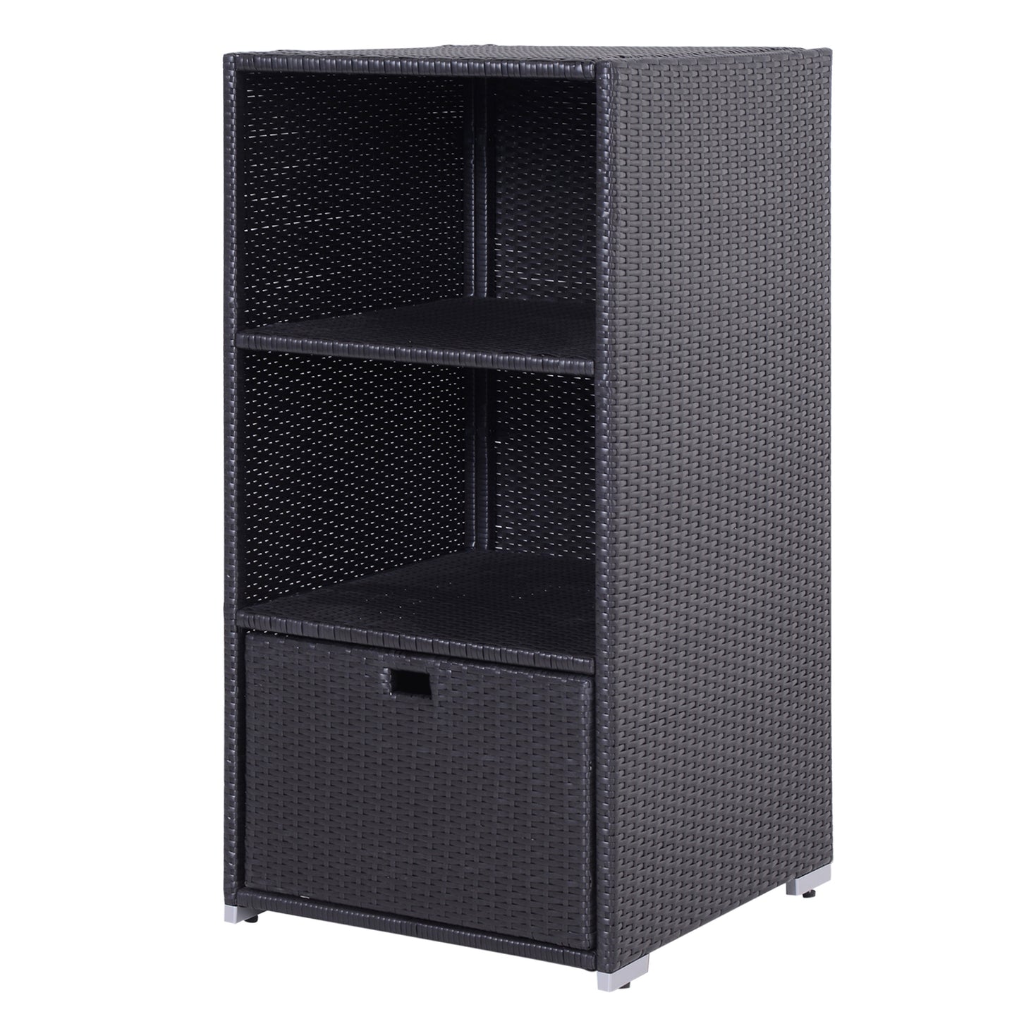 Black wicker shelving unit with two shelves and one drawer