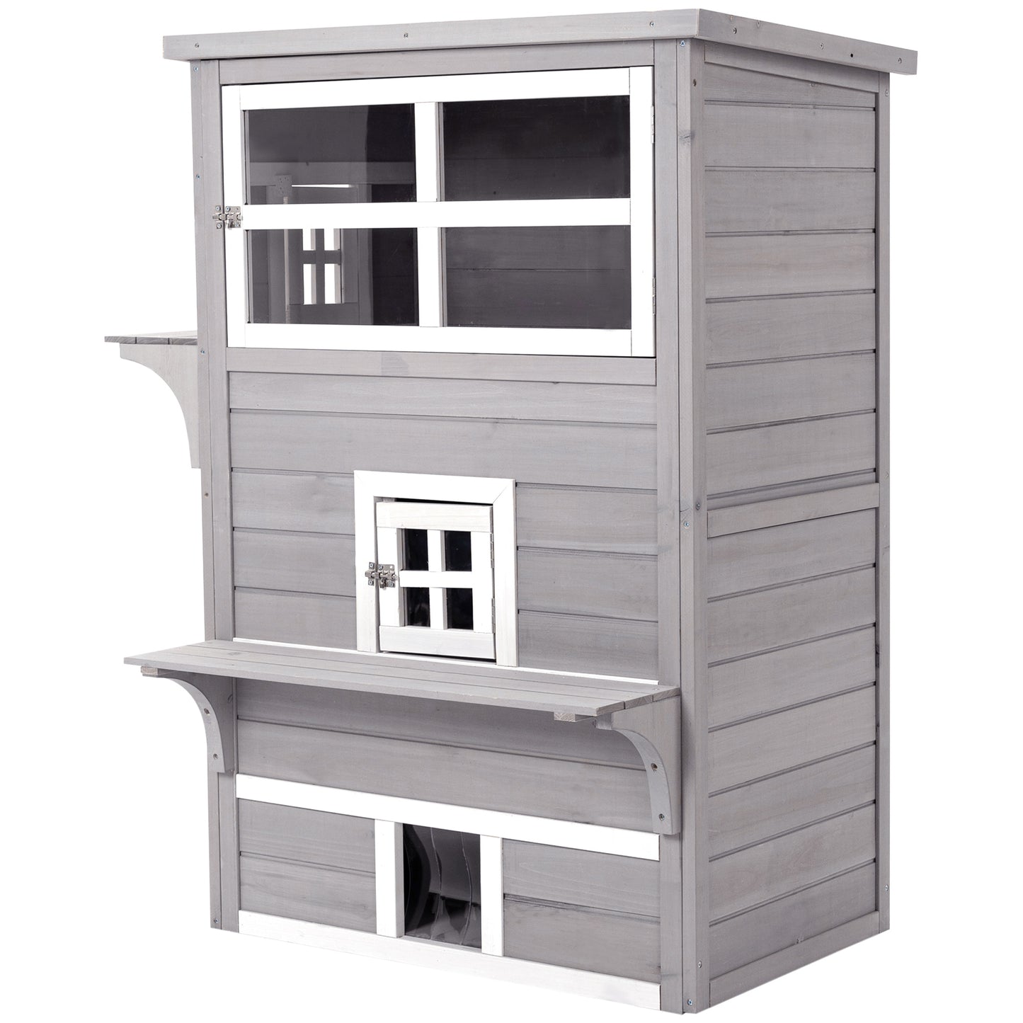 Gray wooden cat tree with observation deck and scratching surfaces
