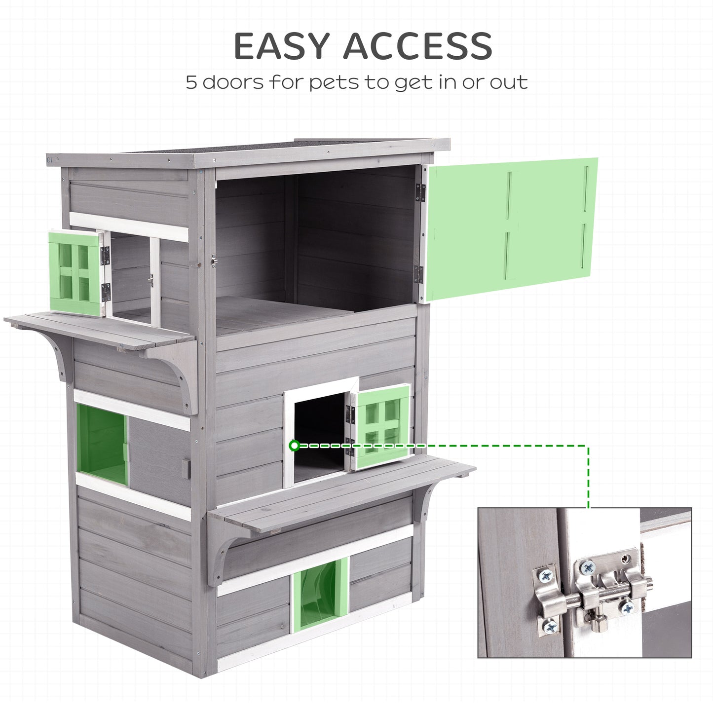 Gray wooden multilevel pet house with five green doors for easy pet access