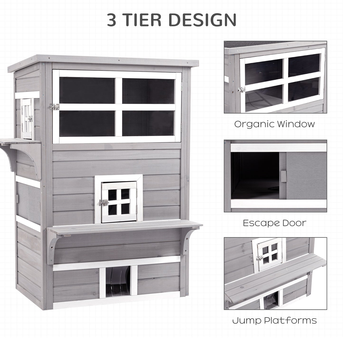Gray wooden outdoor cat house with three tiers and multiple windows