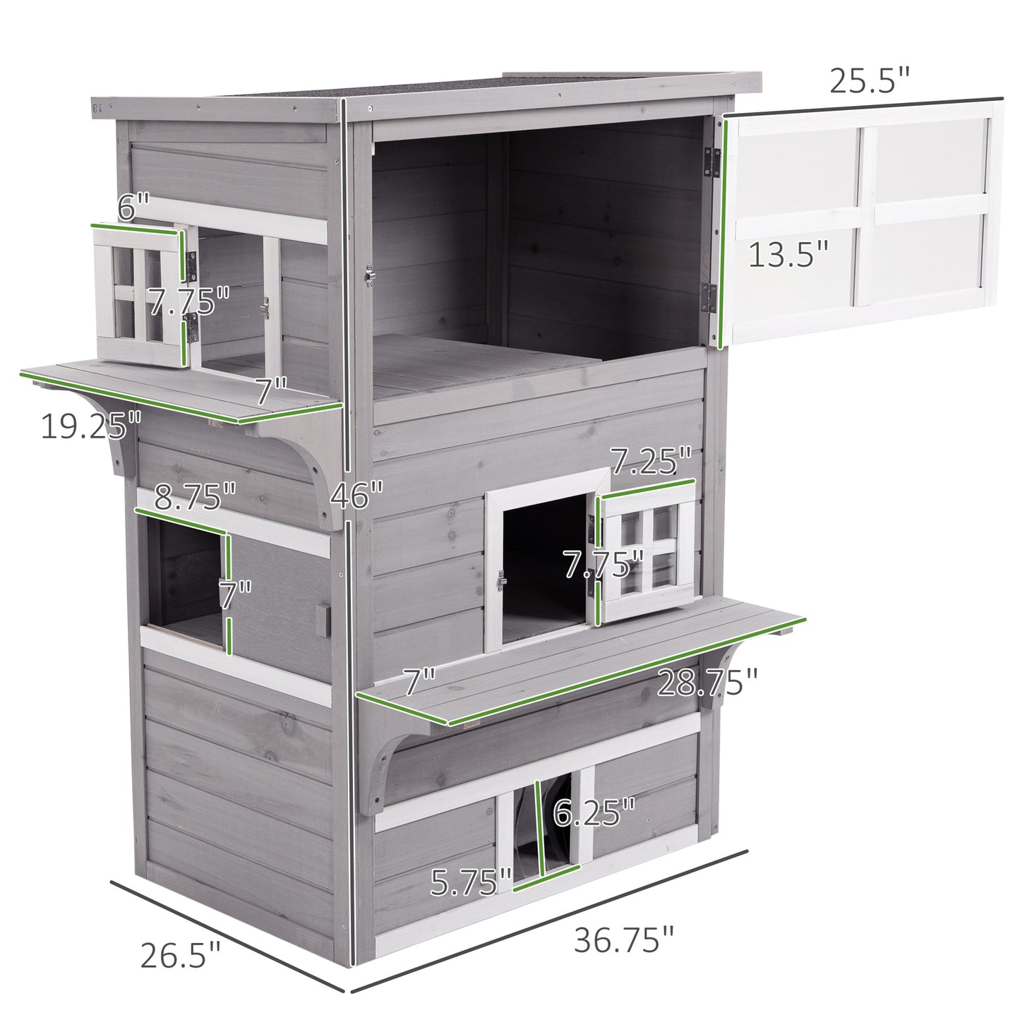 Gray wooden multilevel pet house with open doors and windows