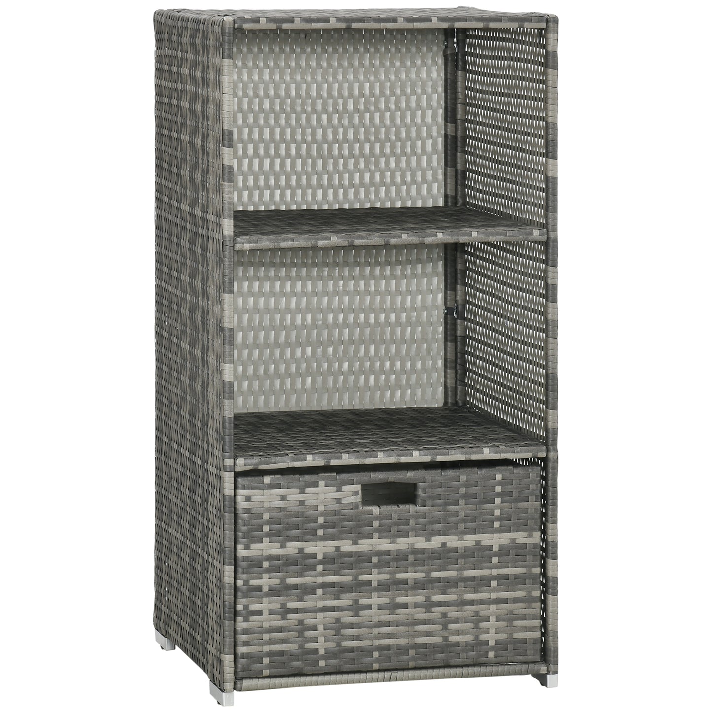 Grey wicker storage cabinet with three shelves and one drawer
