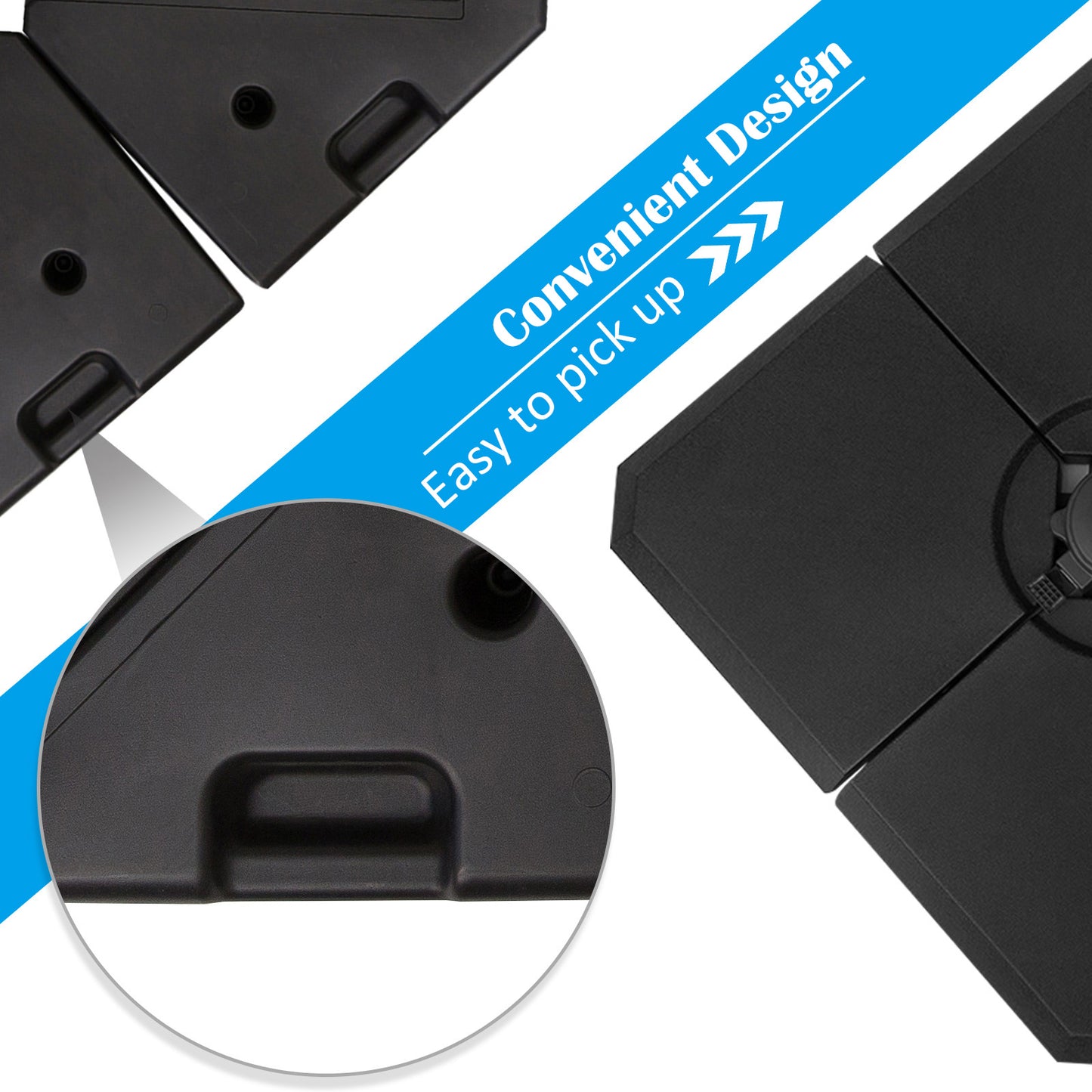 Black plastic umbrella base section with convenient handle for easy transport