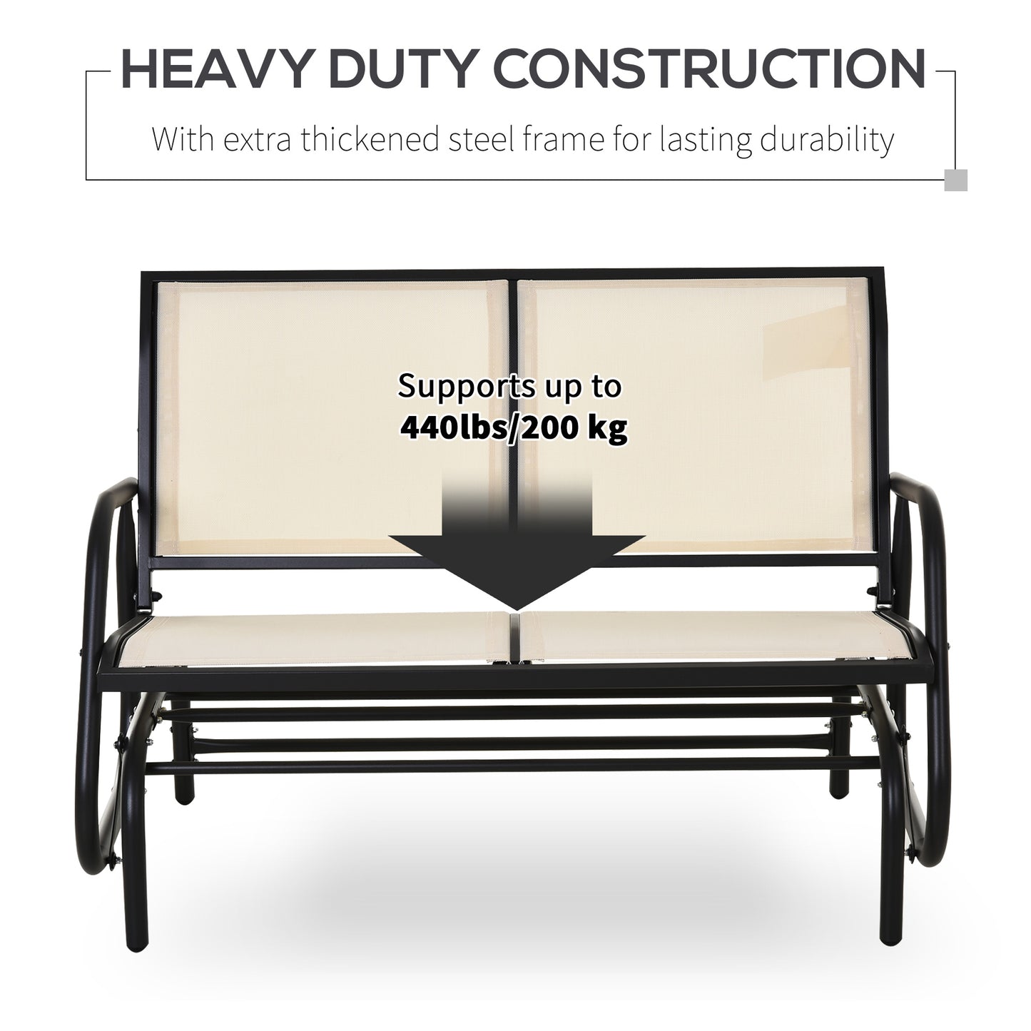 Cream fabric outdoor glider bench with black metal frame lb capacity