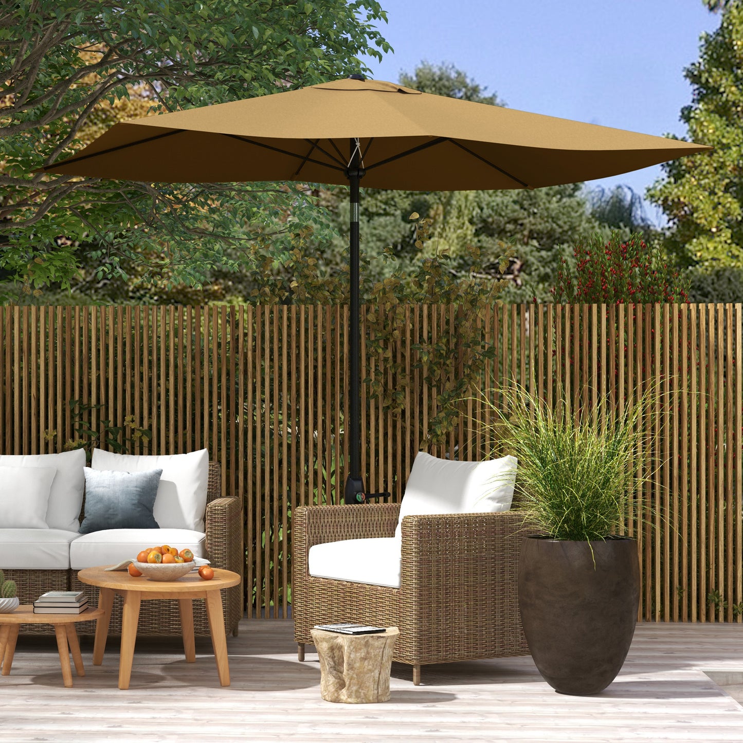 Tan square patio umbrella with black pole providing shade for outdoor seating