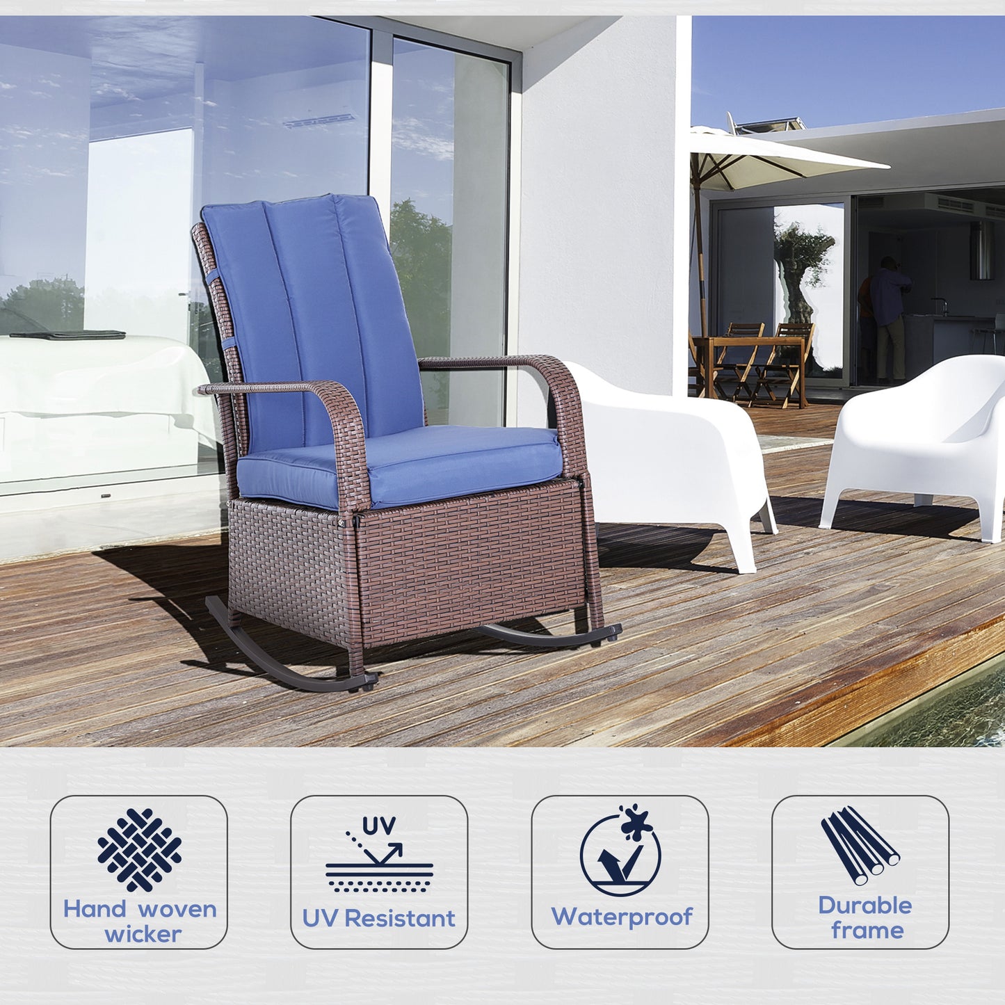 Brown wicker rocking chair with blue cushions on a wooden deck