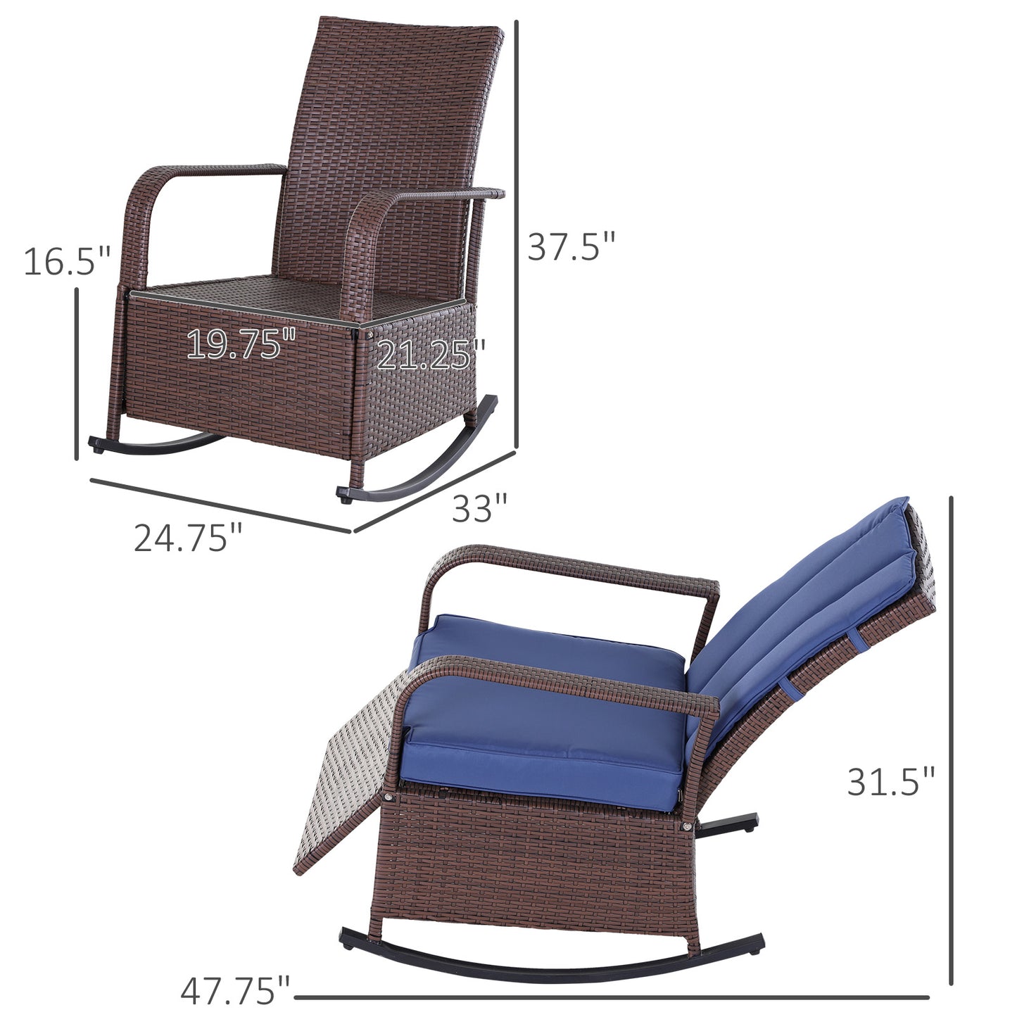 Brown wicker rocking chair with blue cushions and adjustable footrest for outdoor relaxation