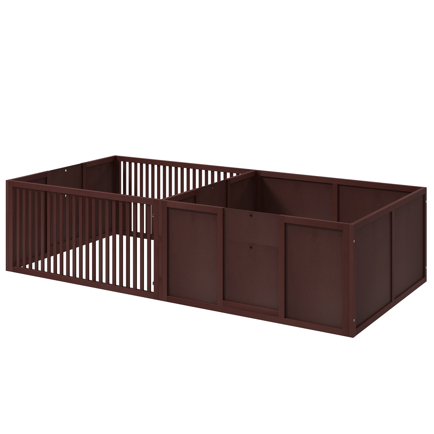 Dark brown wooden playpen with slatted and solid panels for baby safety