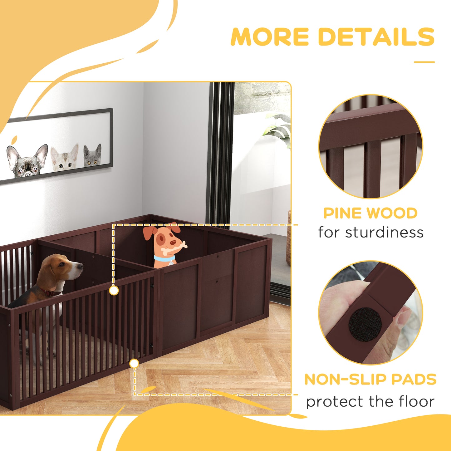 Dark brown modular dog playpen with a beagle inside featuring pine wood construction