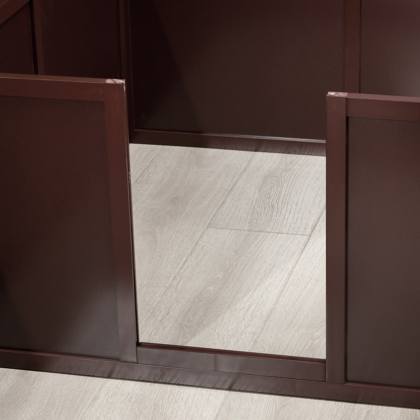 Dark brown wooden pet playpen gate detail showing smooth finish and sturdy construction