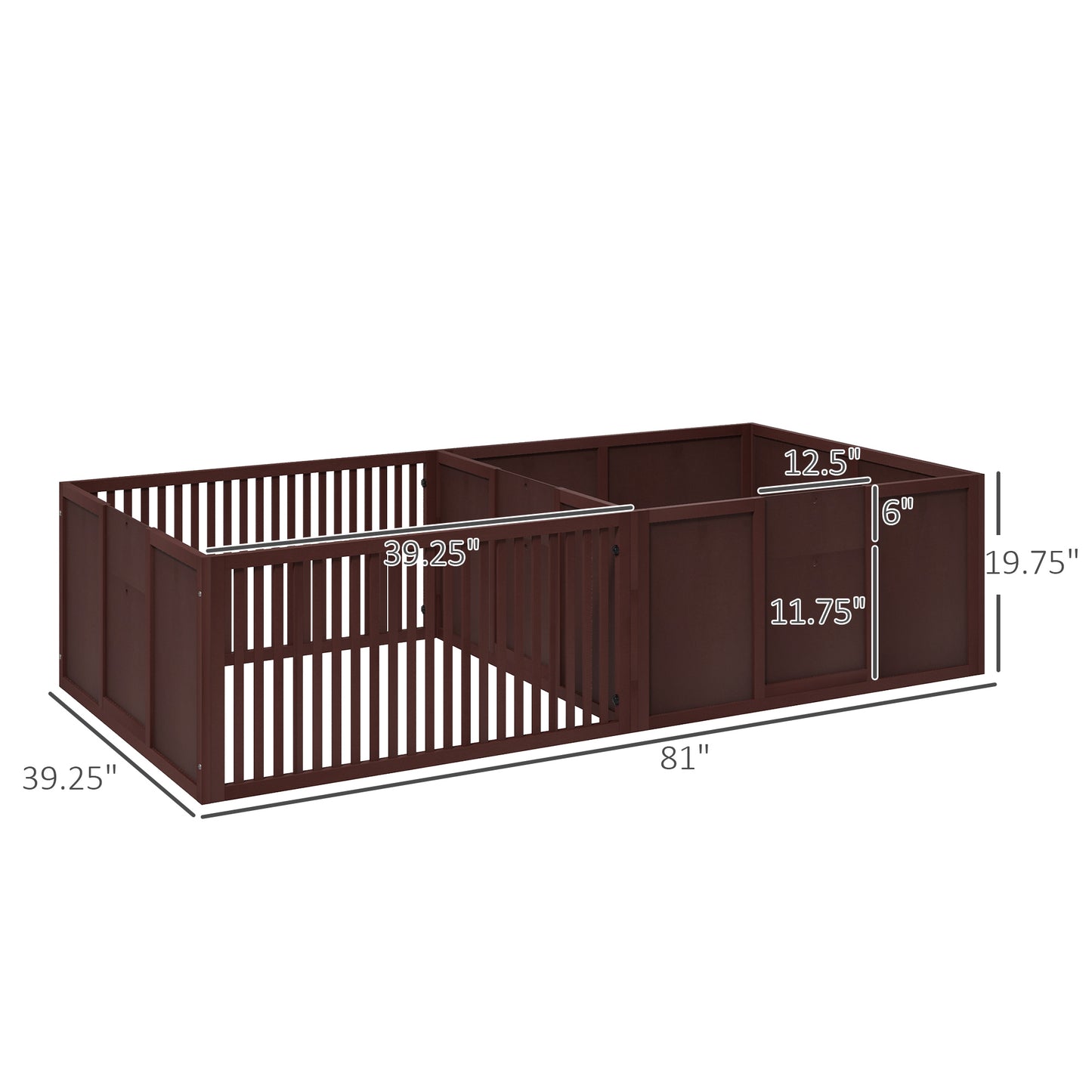 Dark brown wooden playpen with adjustable panels and gate for pets