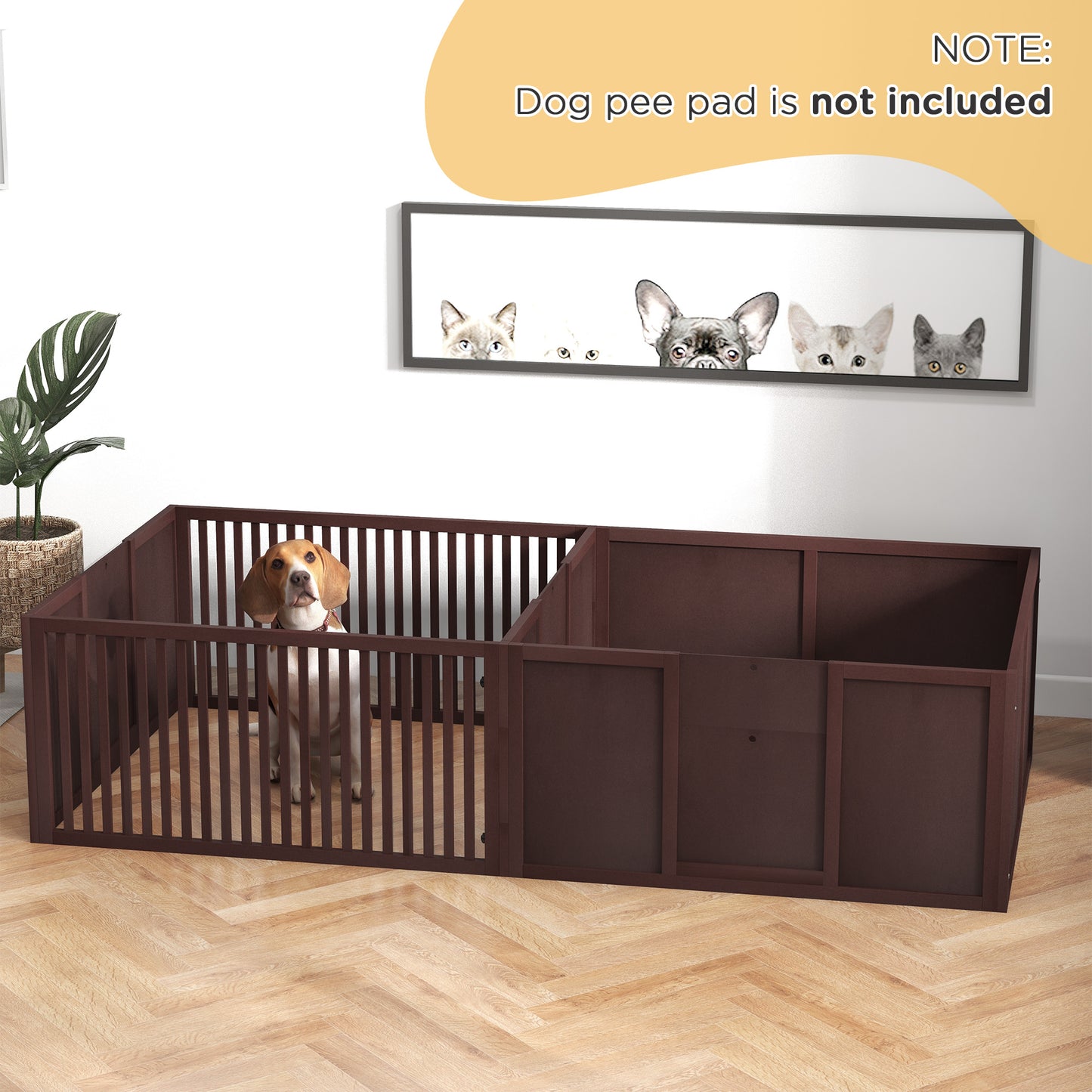 Dark brown wooden dog playpen with beagle inside adjustable configuration