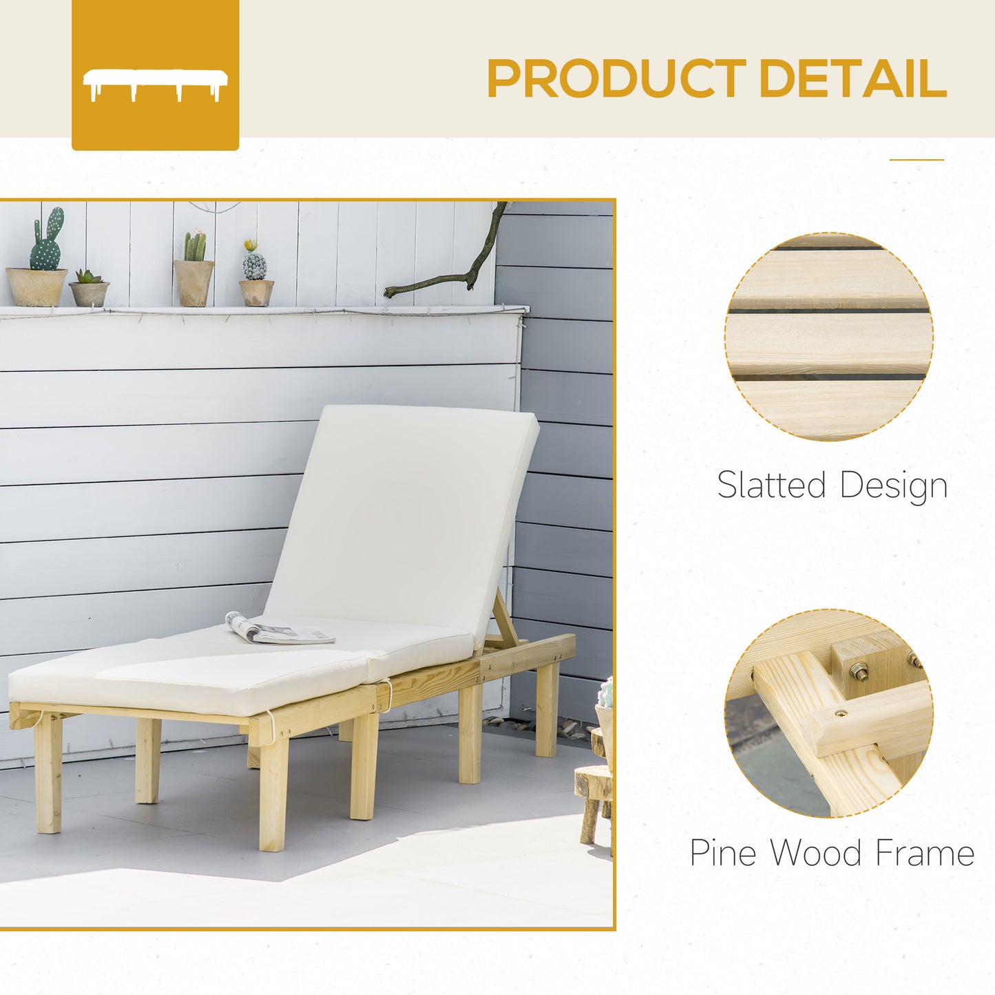 White cushioned pine wood chaise lounge with slatted backrest