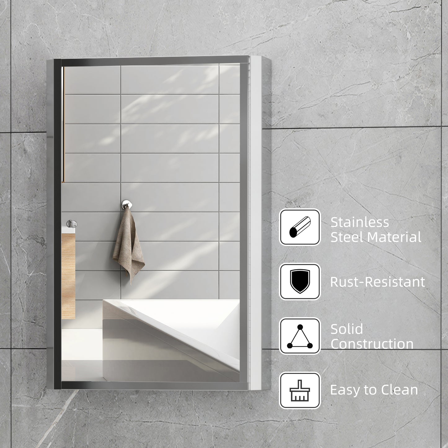 Sleek stainless steel medicine cabinet with mirrored door and wood accent