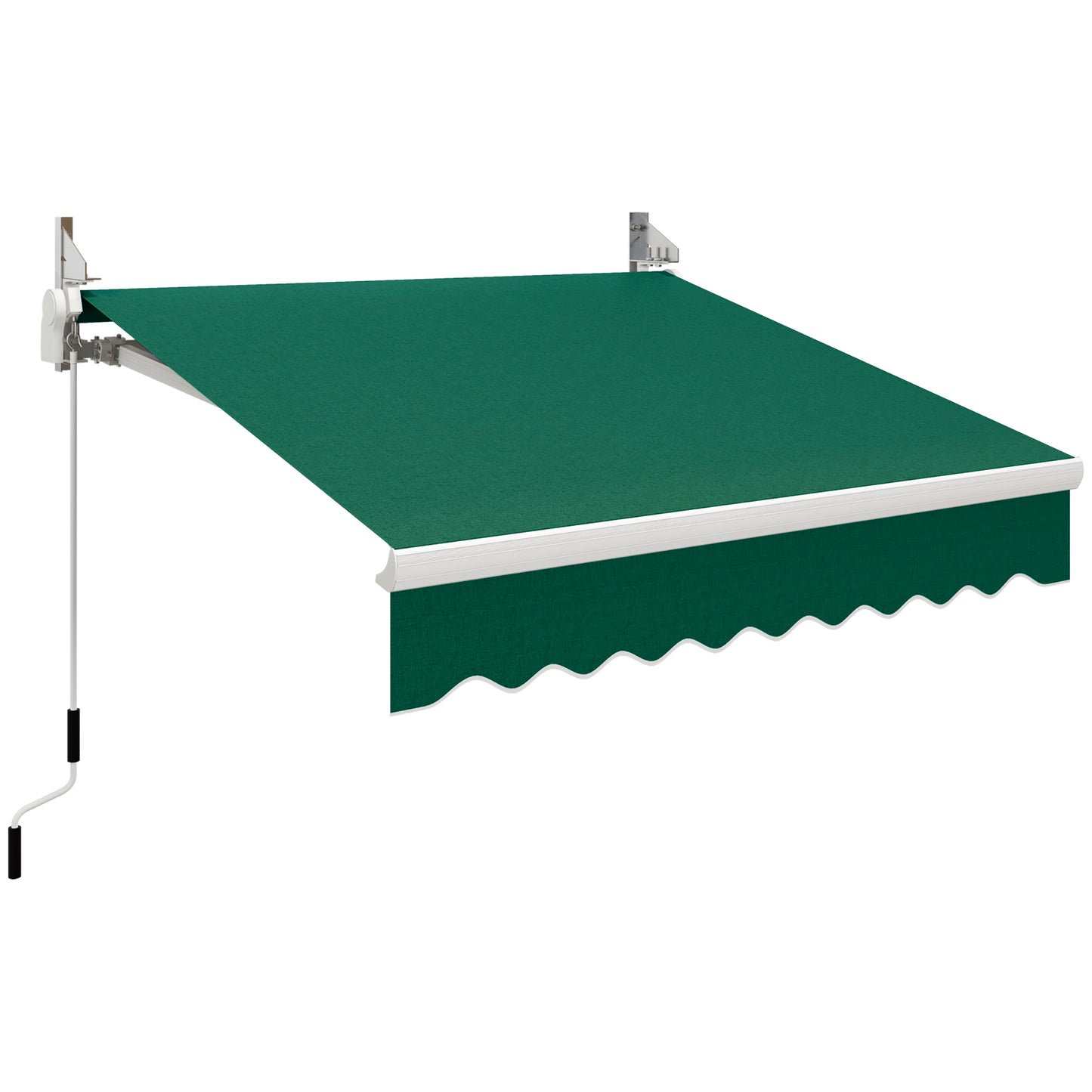 Green retractable awning with white scalloped valance and crank
