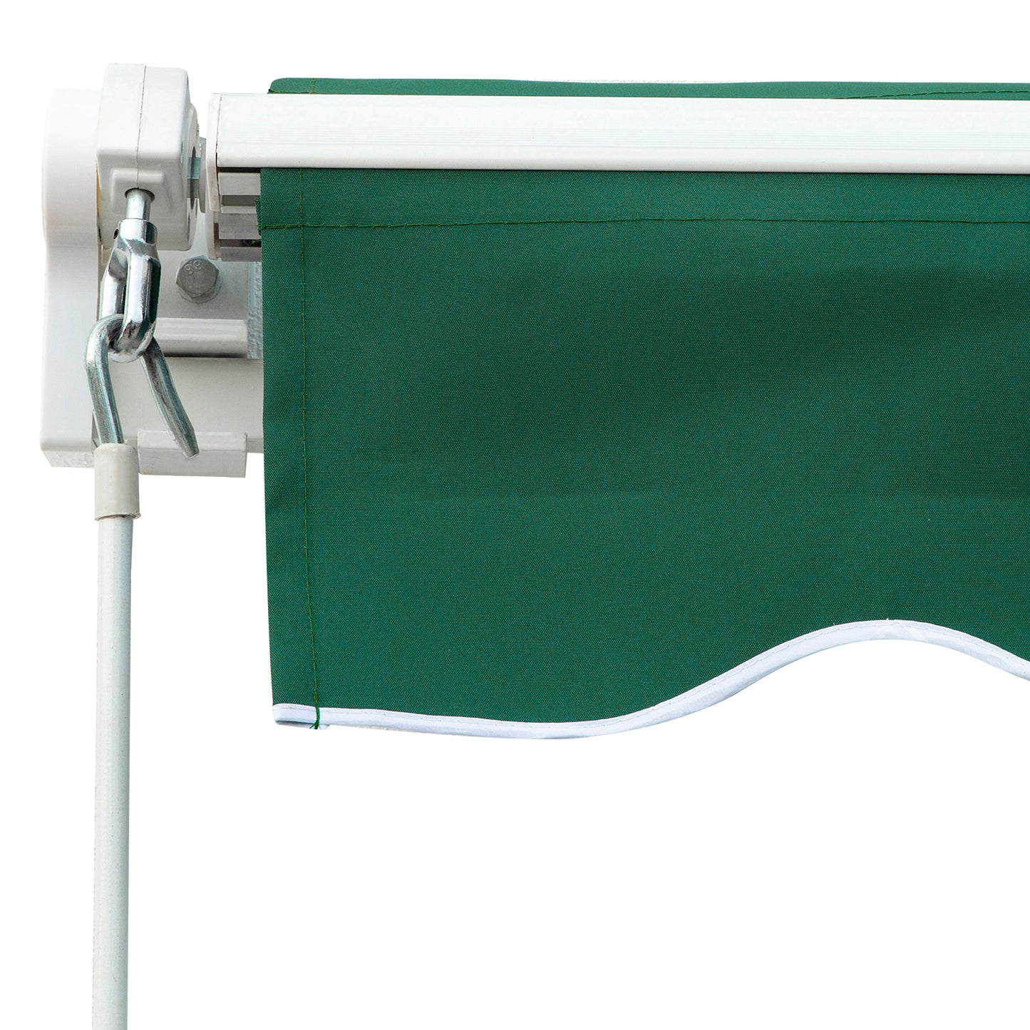 Closeup of a green awning fabric with white piping detail showing mechanism