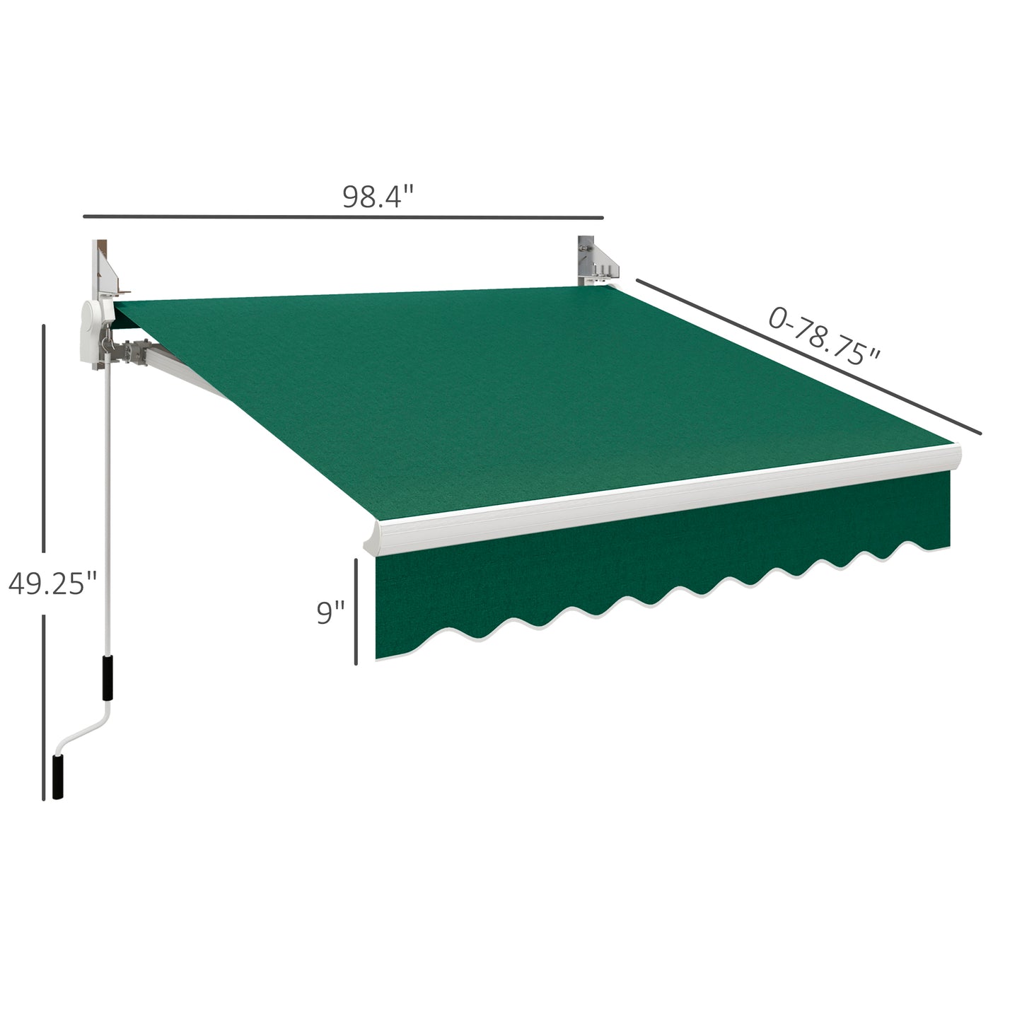 Green retractable patio awning with scalloped valance and manual crank operation